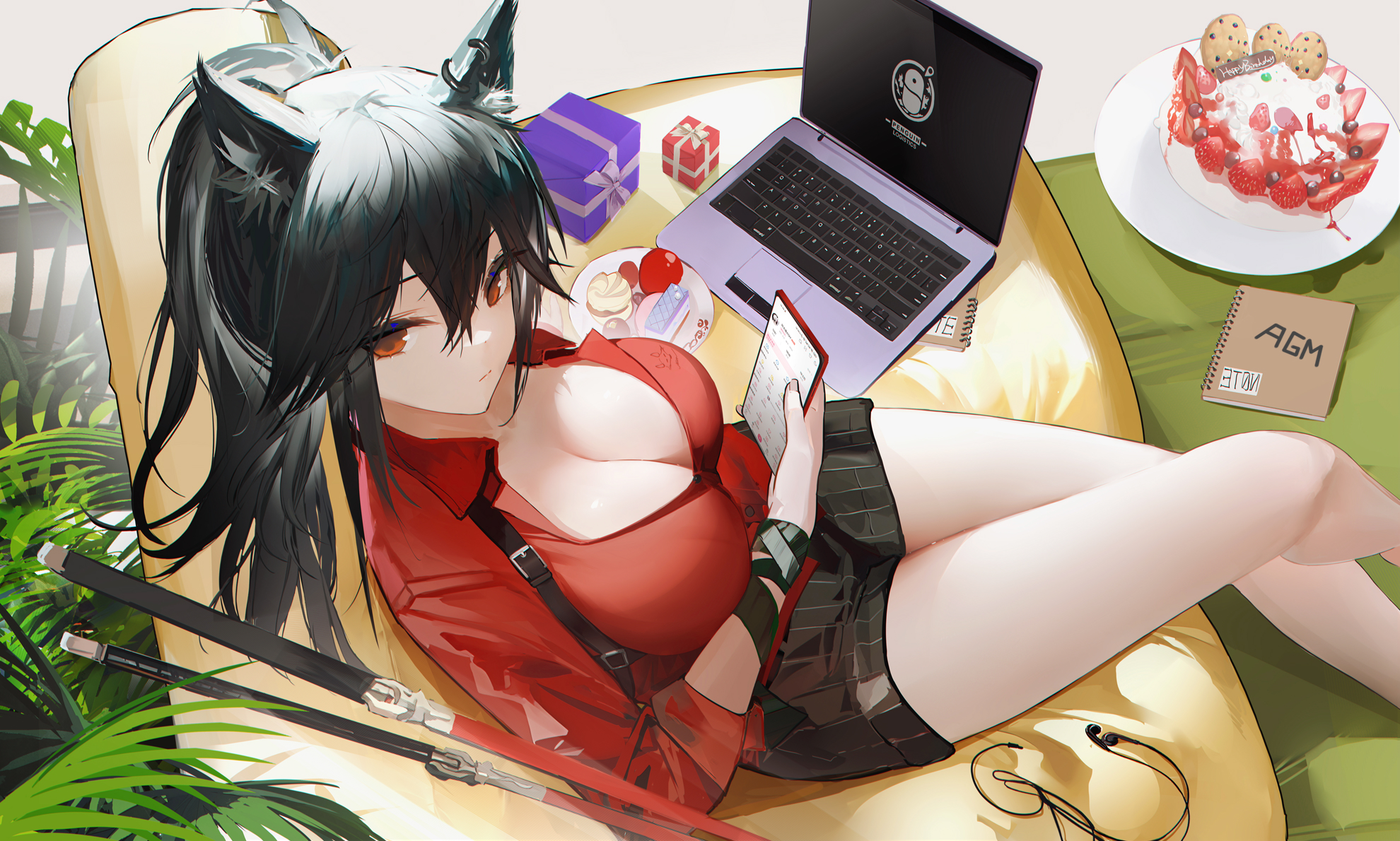 Anime 1980x1190 Arknights Texas (Arknights) Omone Hokoma Agm anime girls cleavage animal ears red eyes laptop sweets cake cookies strawberries video game characters video game girls black hair wolf girls high angle