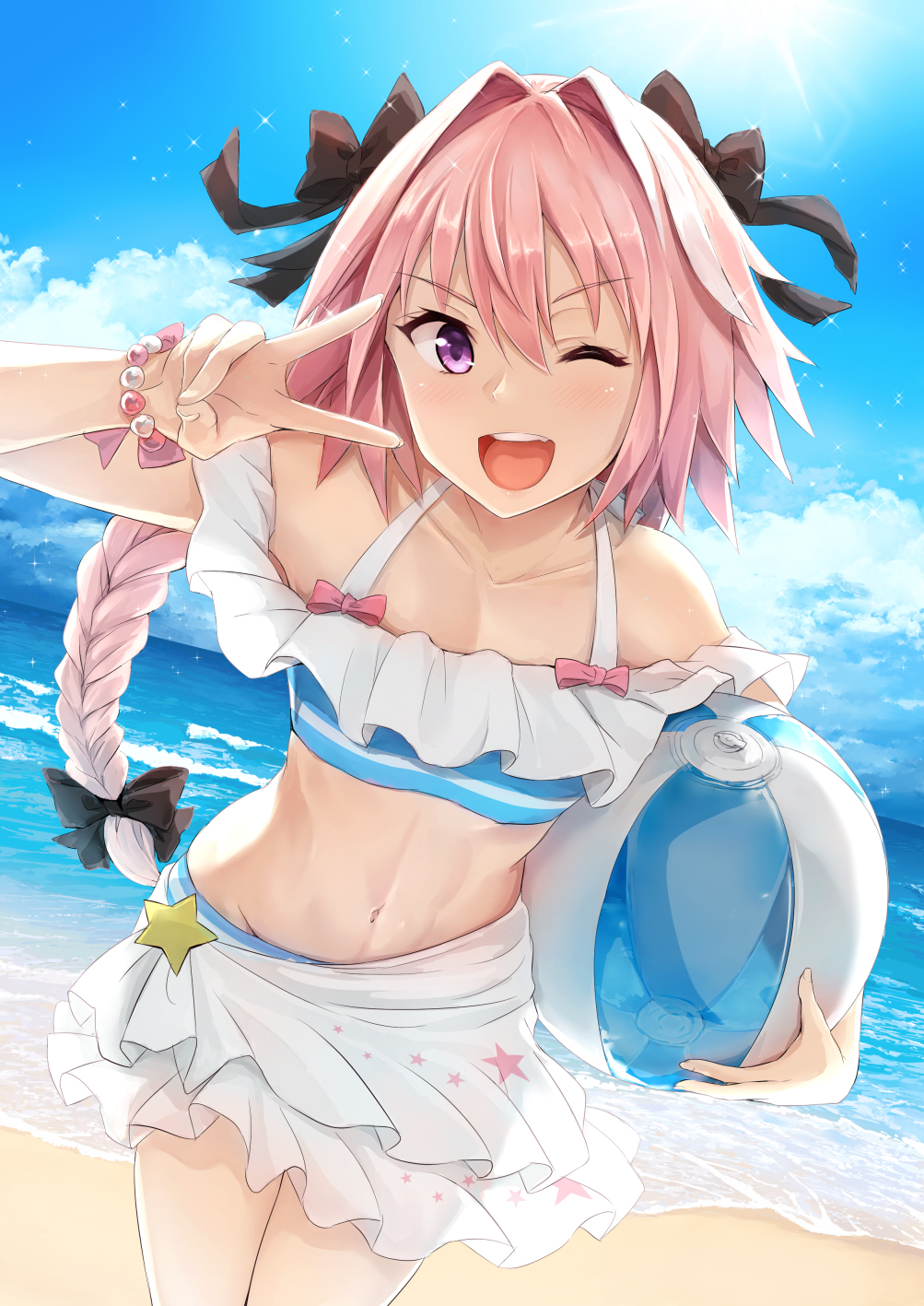 Anime 1003x1417 Fate/Apocrypha  Fate series femboy Fate/Grand Order blue swimsuit abs french braids belly thighs the gap ocean view men outdoors anime boys purple eyes one eye closed 2D beach ball black ribbons belly button 6-pack bangs hair in face Astolfo (Fate/Apocrypha) anime ecchi open mouth pink hair long hair peace sign braids bare shoulders sunlight clouds fan art looking at viewer portrait display blushing curvy Akita Hika summer bent over cleavage