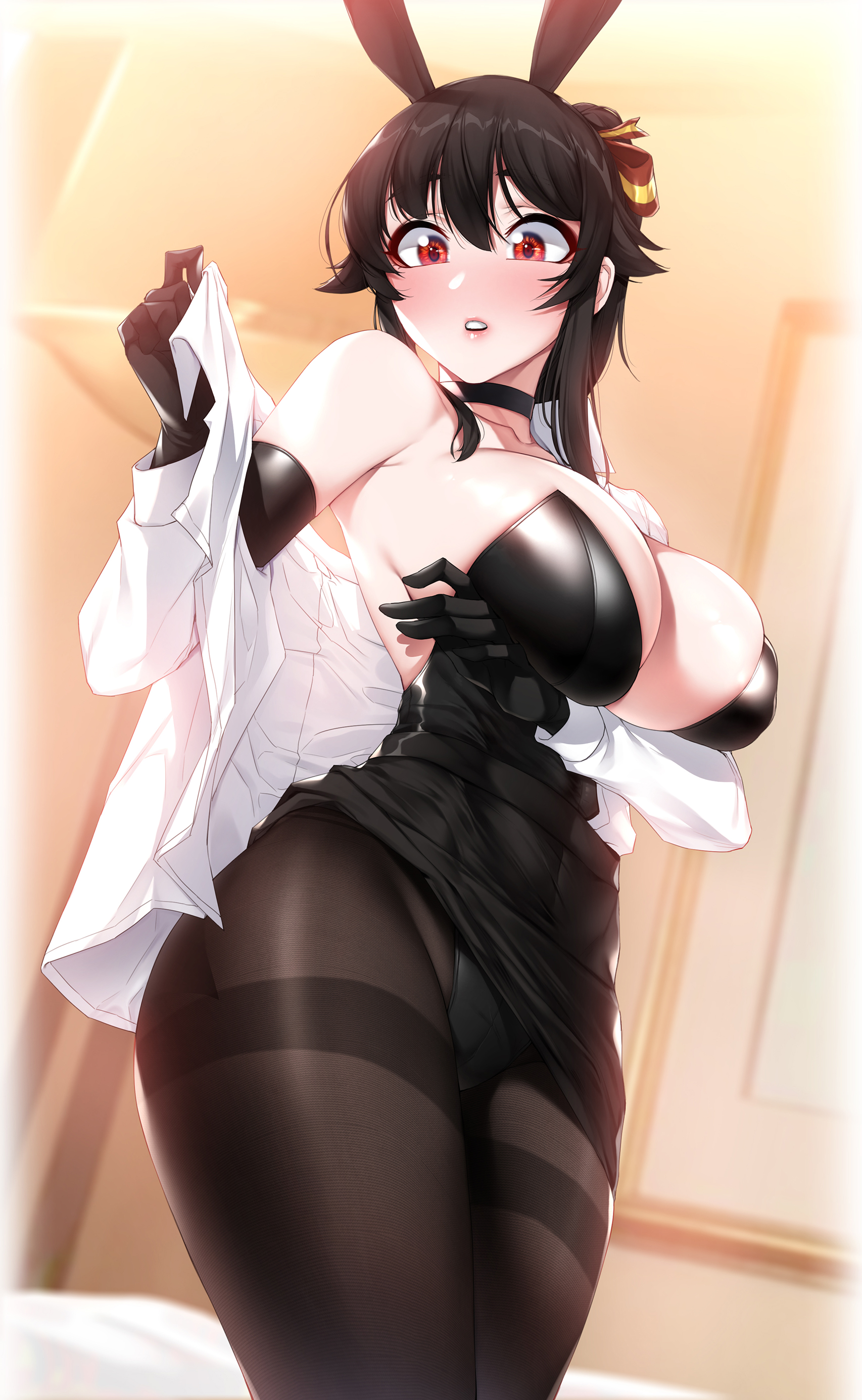 Anime 1706x2771 anime girls bursting breasts big boobs huge breasts pantyhose bunny girl dark hair women indoors indoors standing red eyes gloves undressing bunny suit holding boobs Akchu
