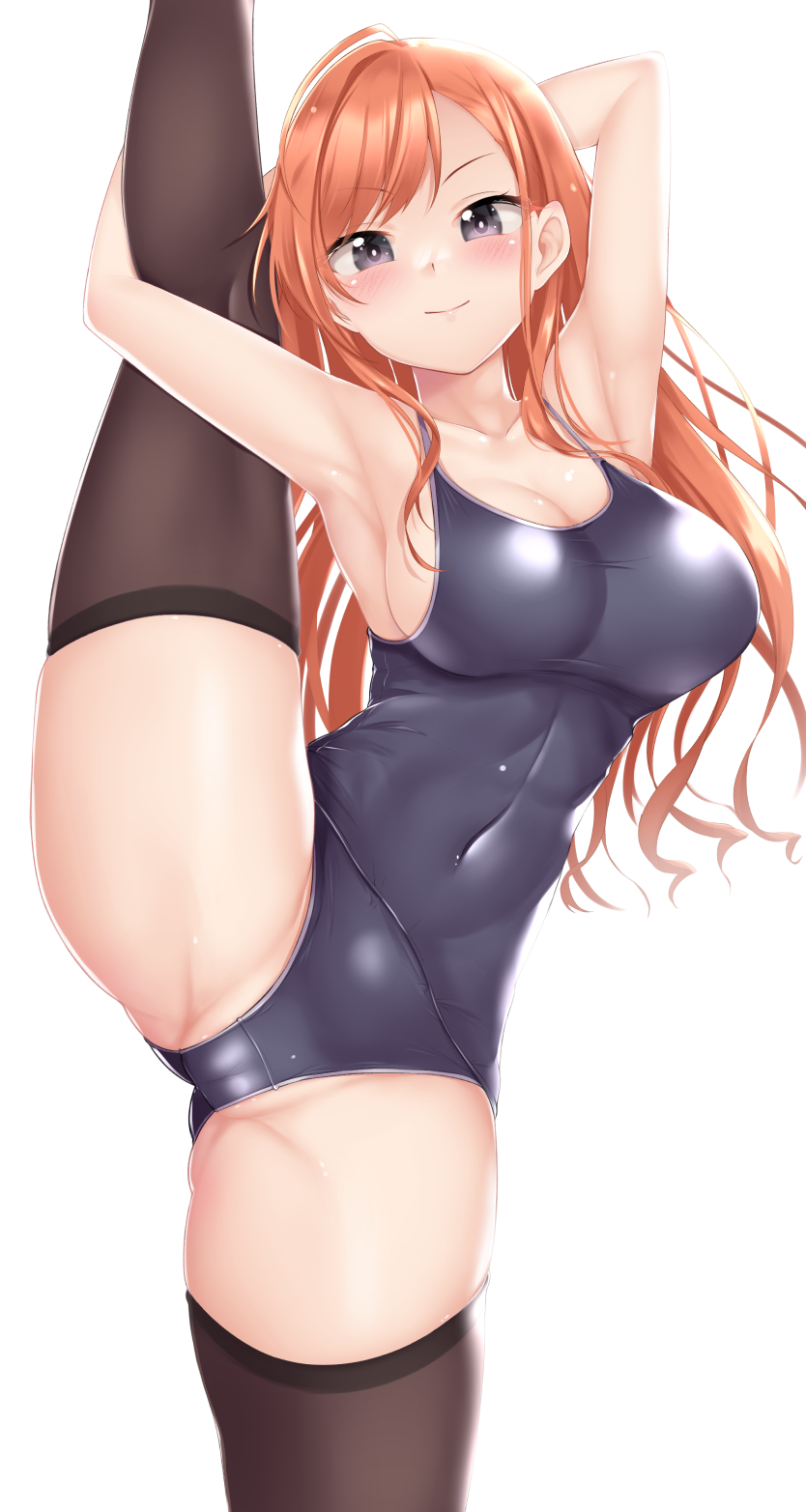 Anime 834x1565 anime girls black stockings one-piece swimsuit leg up school swimsuits cameltoe big boobs thigh-highs redhead spread legs standing arms up THE iDOLM@STER anime THE iDOLM@STER: Shiny Colors gray eyes closed mouth splits white background arisugawa natsuha