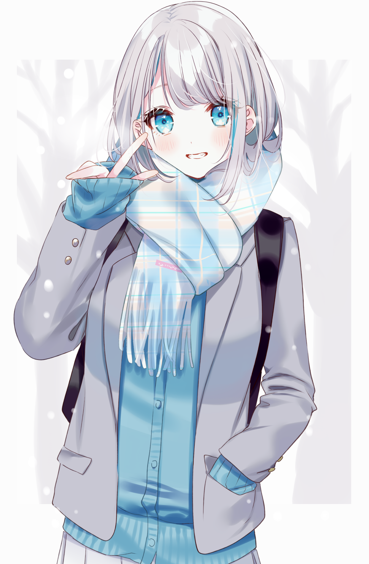 Anime 1243x1900 anime anime girls digital art artwork 2D portrait display Misumi silver hair blue eyes smiling scarf