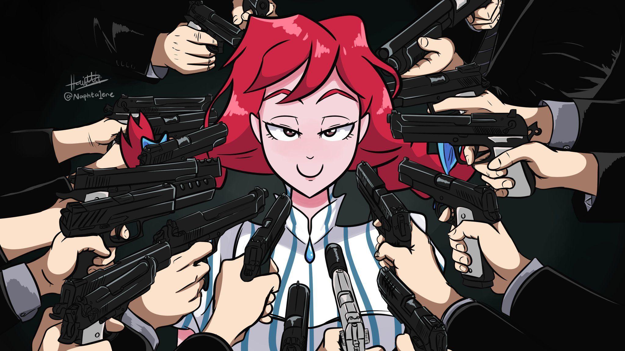 General 2048x1152 parody John Wick  gun smug face Wendy's humor redhead food frontal view surrounded