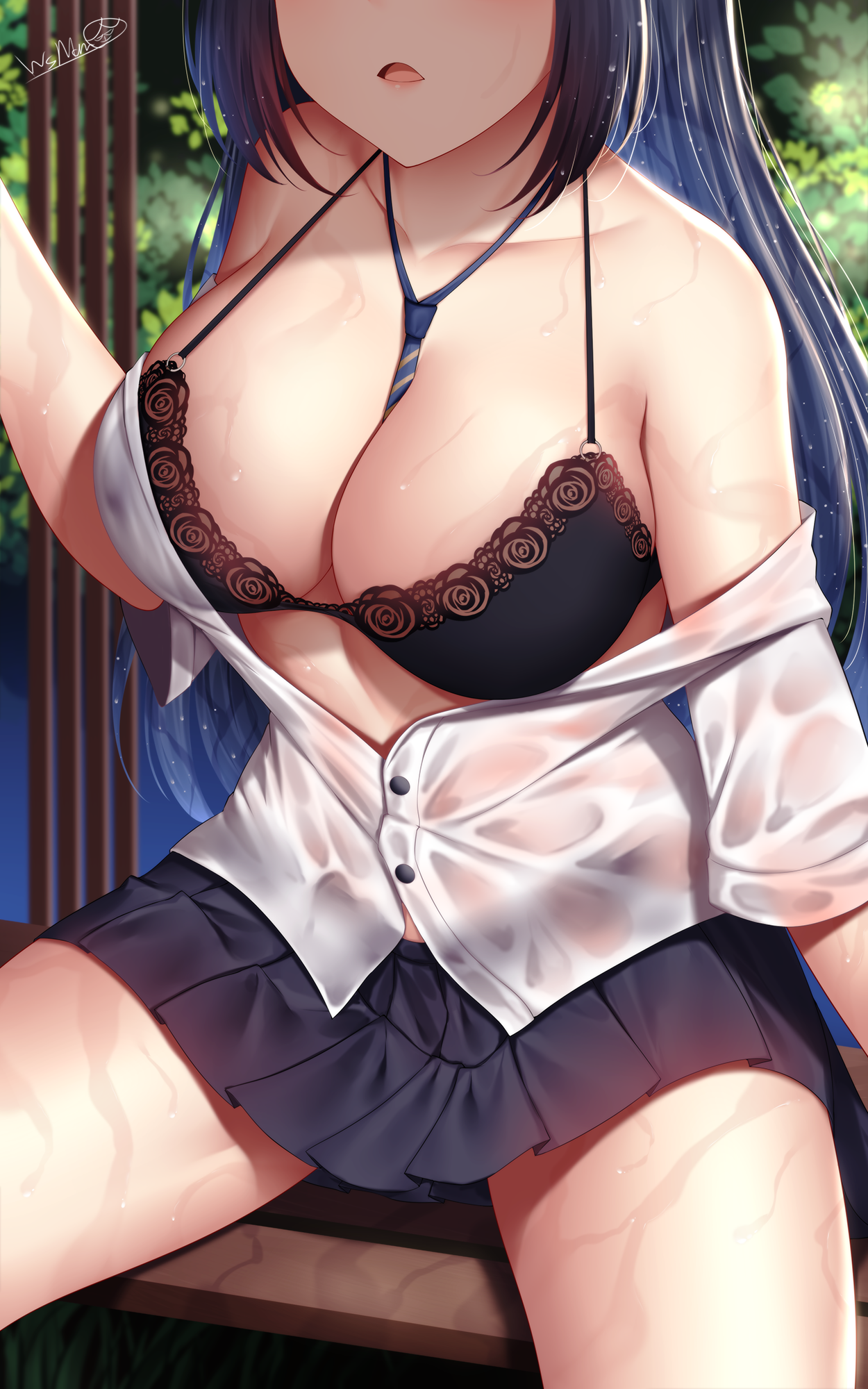 Anime 1250x2000 anime anime girls open shirt miniskirt thighs bra cleavage big boobs school uniform wet sitting wsman