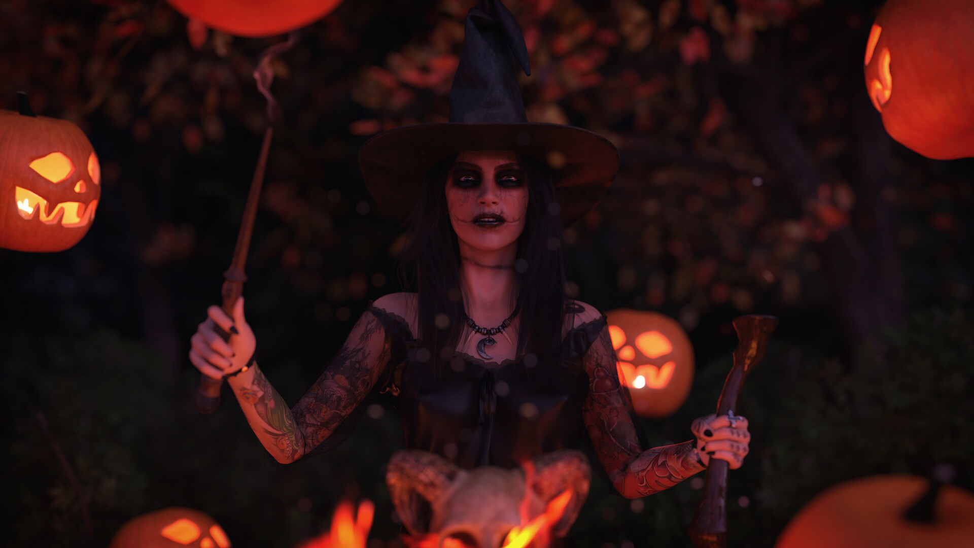 General 1920x1080 Halloween women fantasy girl digital art ArtStation smoky eyes inked girls witch hat women with hats CGI pumpkin looking at viewer necklace Glasgow smile witch wands frontal view bokeh crescent moon corpsepaint face paint tattoo skull smoke
