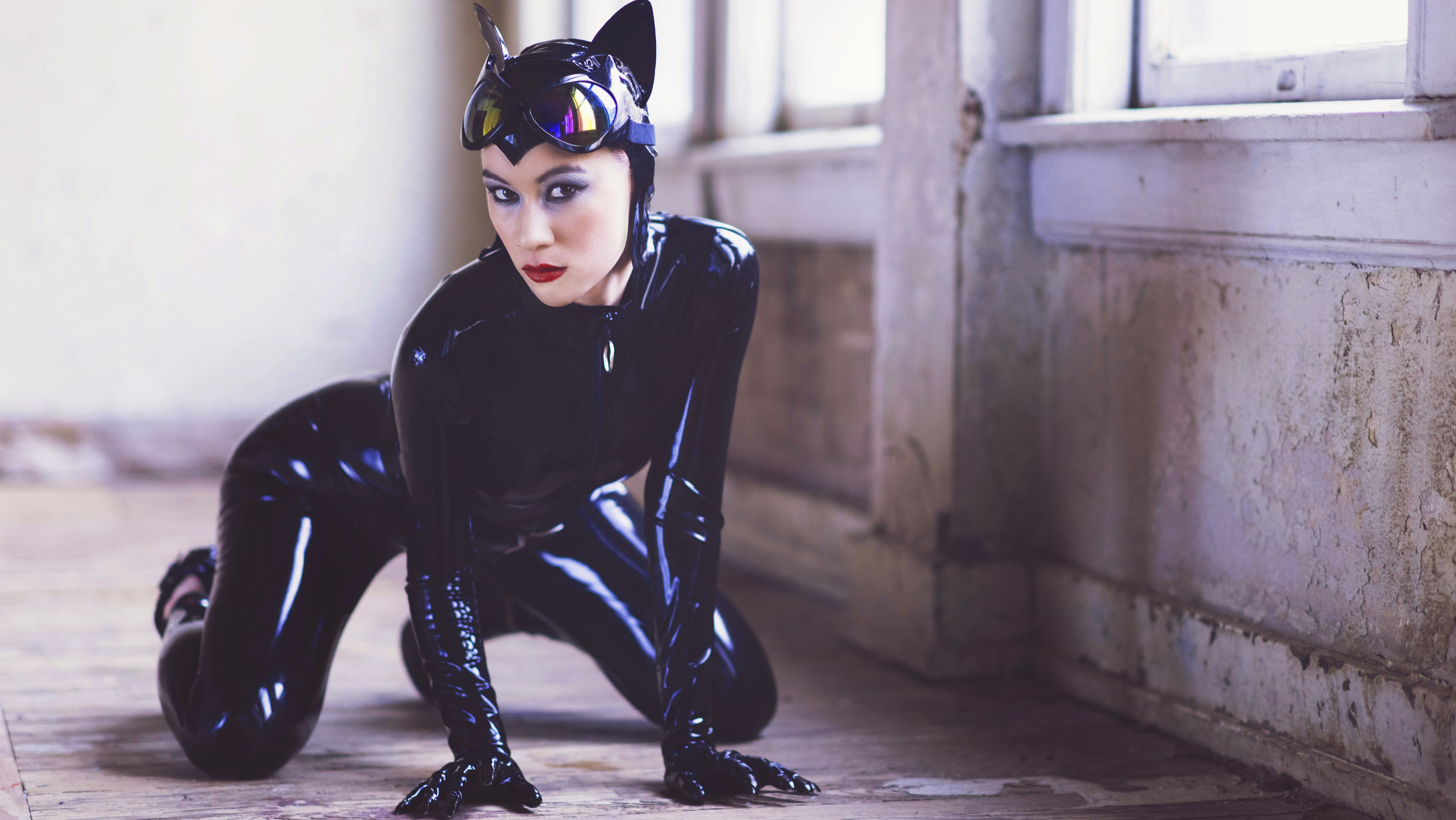 People 7161x4033 DC Comics Catwoman cosplay latex latex bodysuit black latex mask face mask women photography