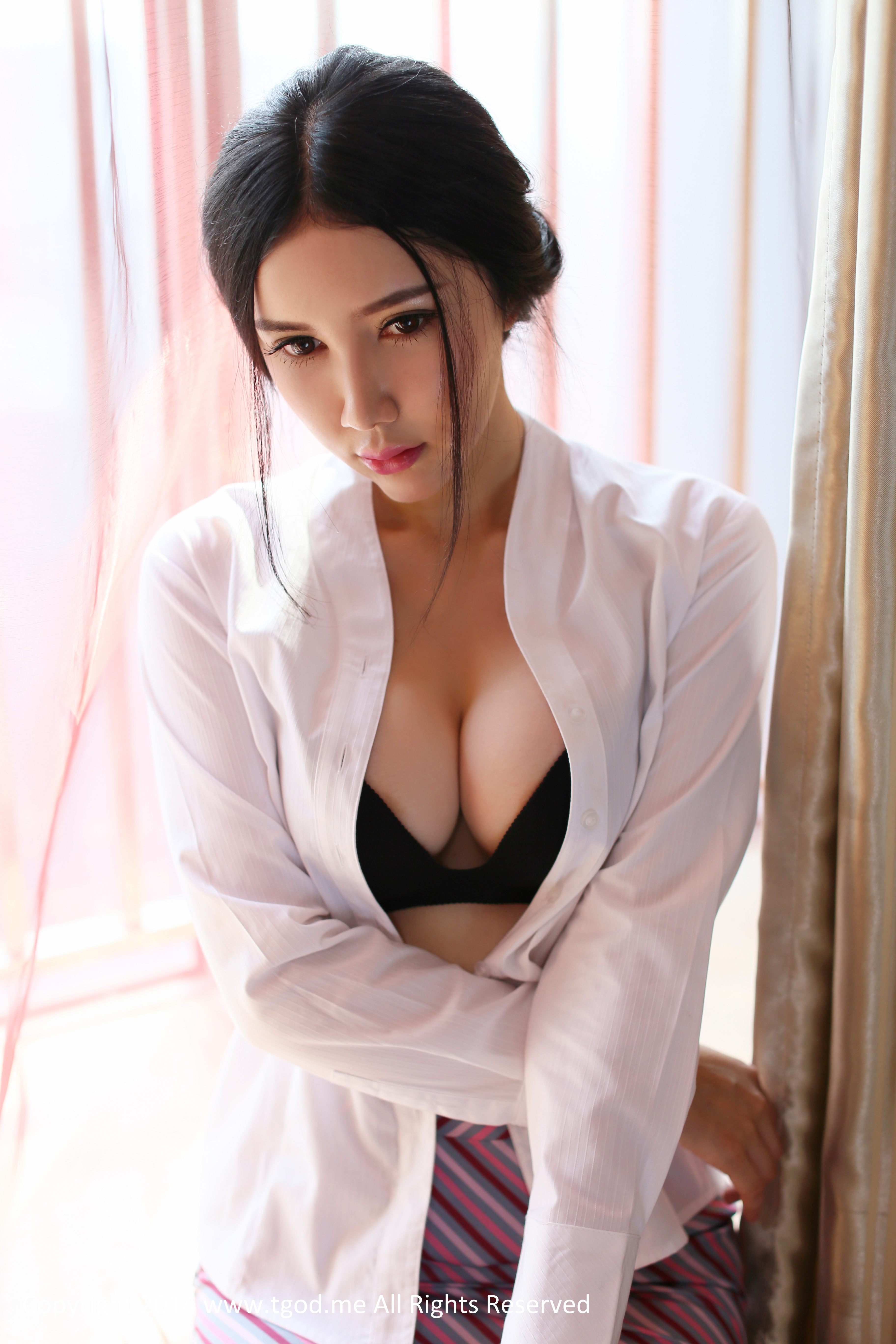 People 3648x5472 women Asia B. open shirt bra black bras cleavage white shirt Xiuren Chinese Chinese model black hair women indoors Asian