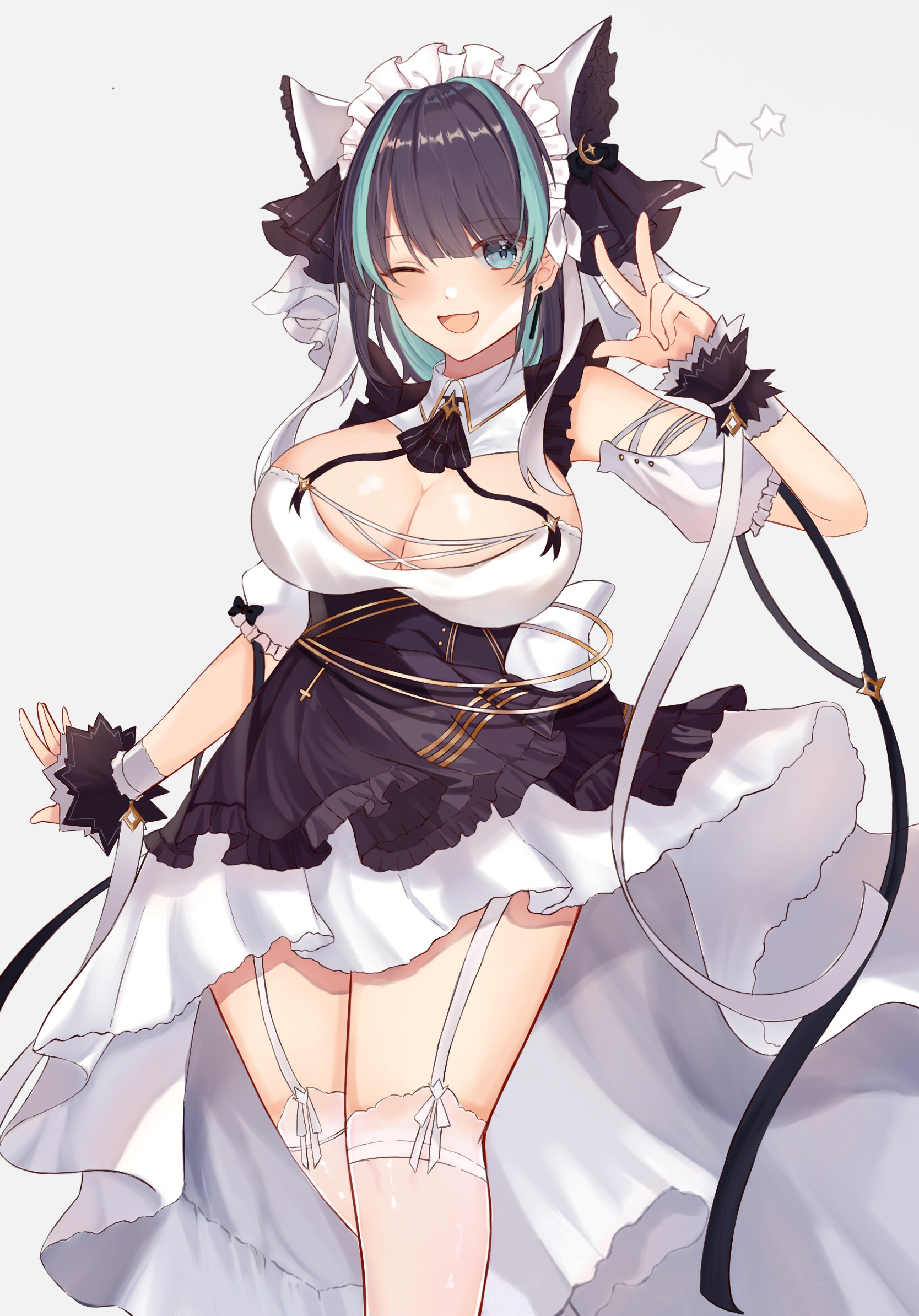 Anime 1668x2388 anime girls Azur Lane Cheshire (Azur Lane) white stockings garter straps smiling Ki-san maid outfit no bra cleavage big boobs