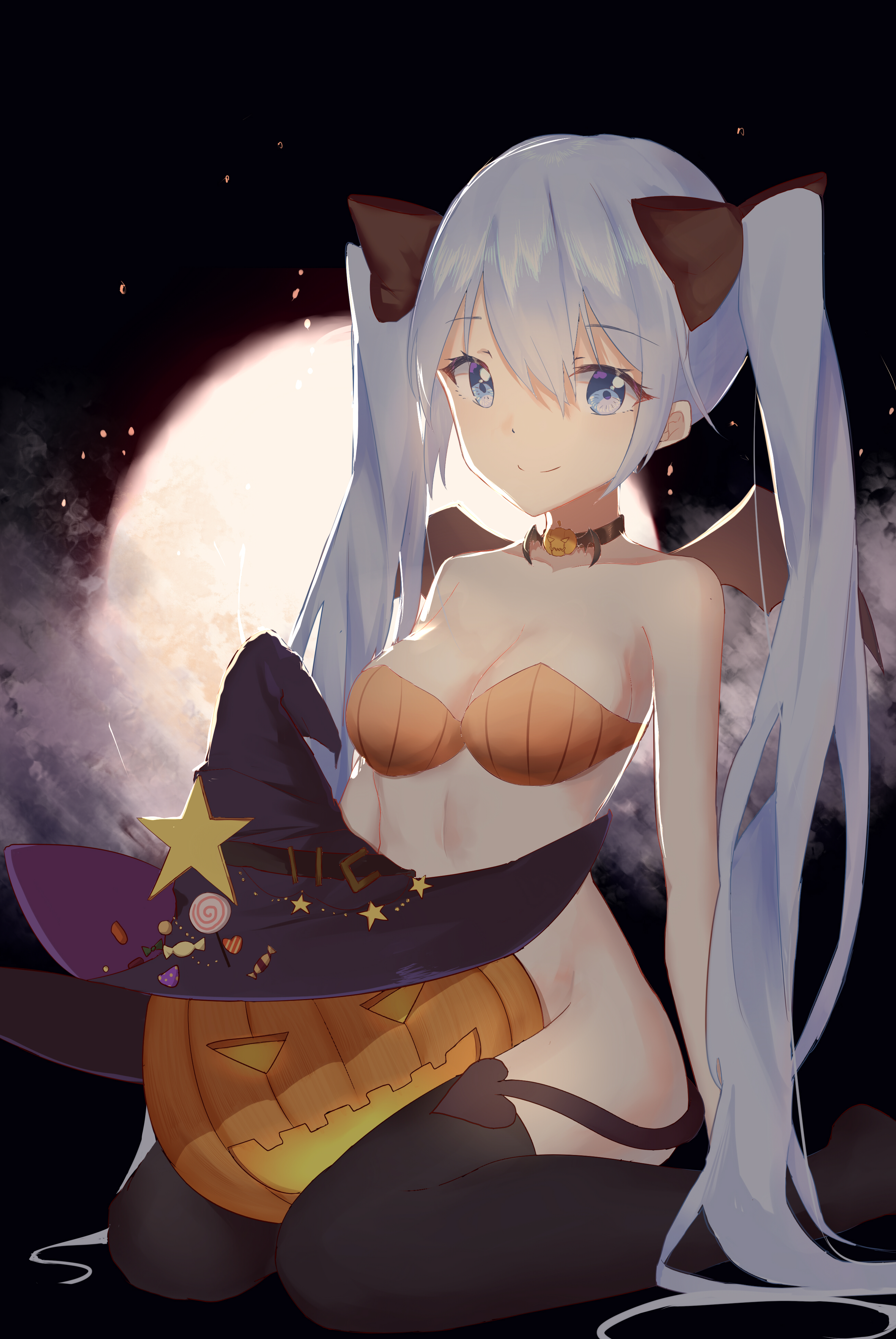 Anime 2610x3900 Halloween pumpkin witch hat bra Hatsune Miku tail bottomless thigh-highs Vocaloid Xiao Dingdang Nayo long hair Moon collar