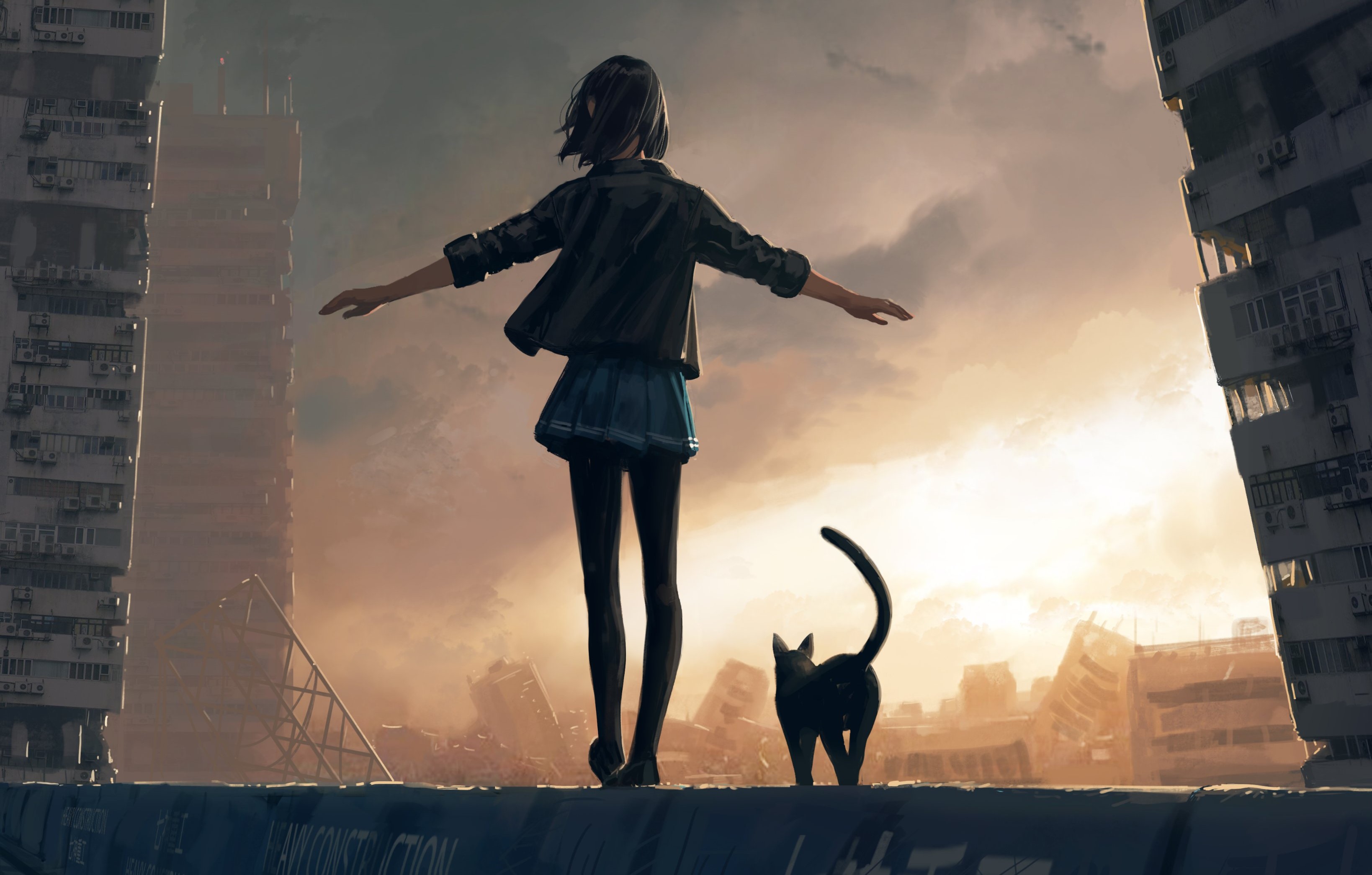 Anime 3277x2090 anime anime girls original characters cats GUWEIZ apocalyptic ruins building anime city