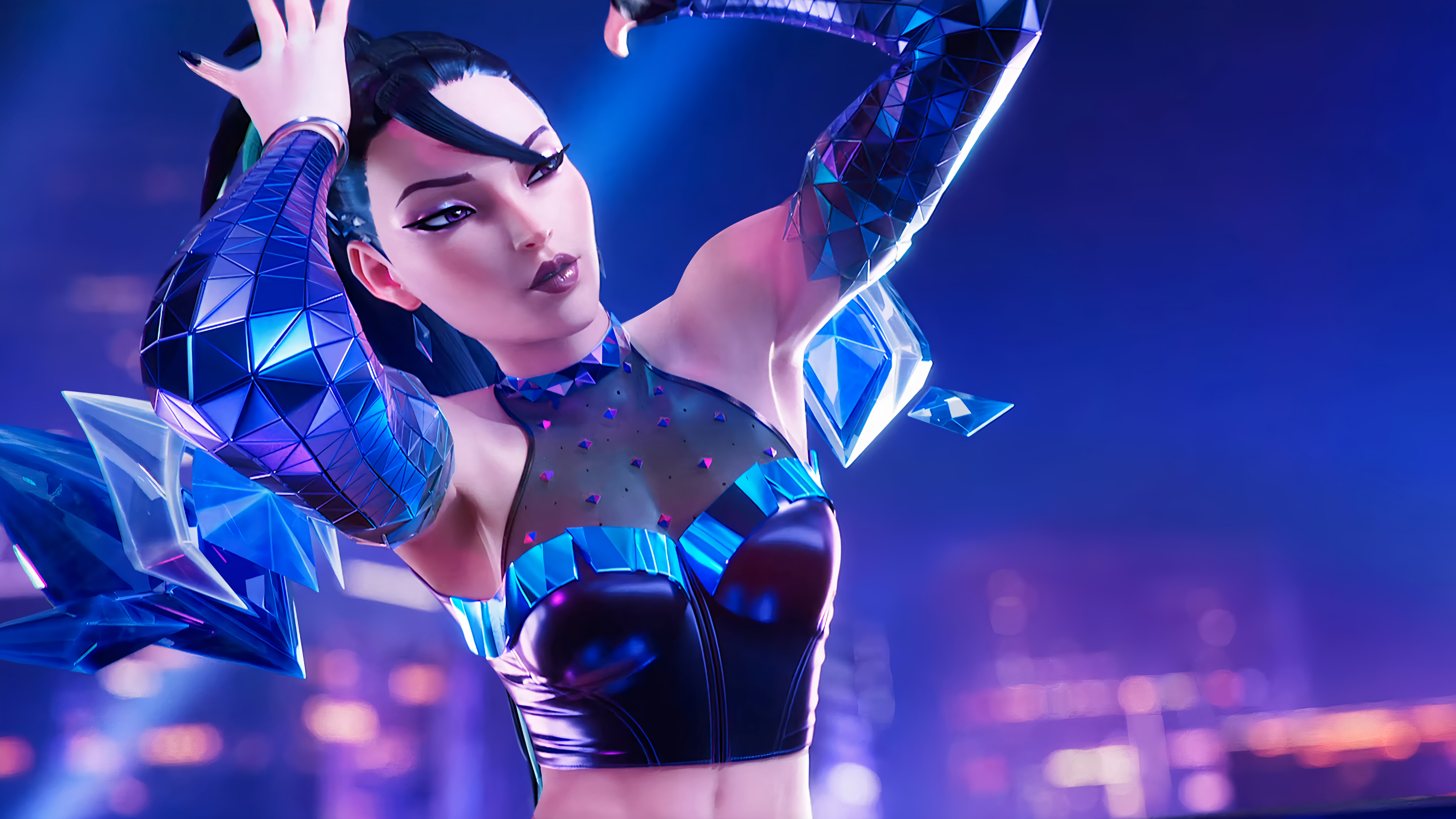 General 3840x2160 League of Legends K/DA Kai'Sa (League of Legends) video games Riot Games video game characters CGI juicy lips looking away purple eyes parted lips arms up armpits blurred blurry background