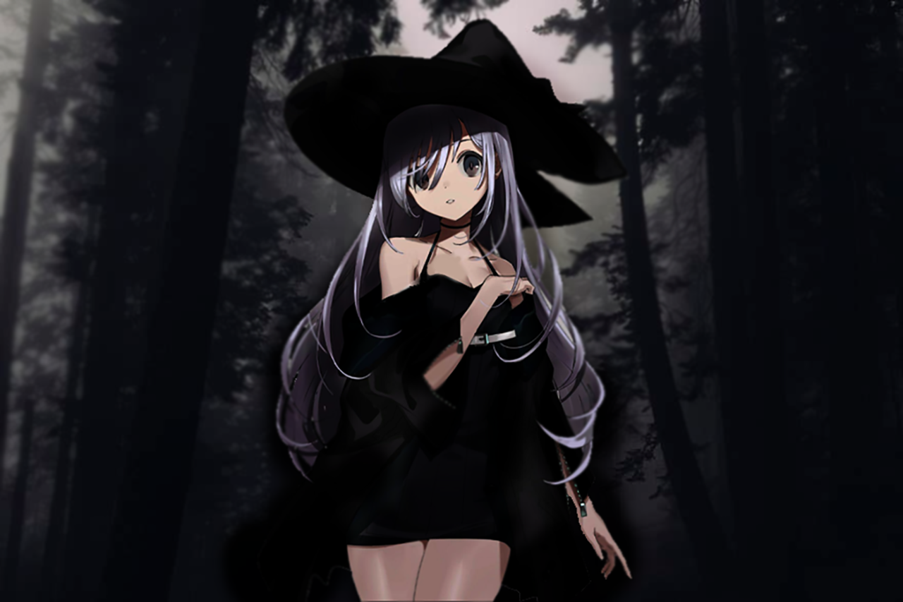 Anime 1280x853 witch forest anime anime girls long hair dark eyes hat witch hat silver hair picture-in-picture Urata Asao