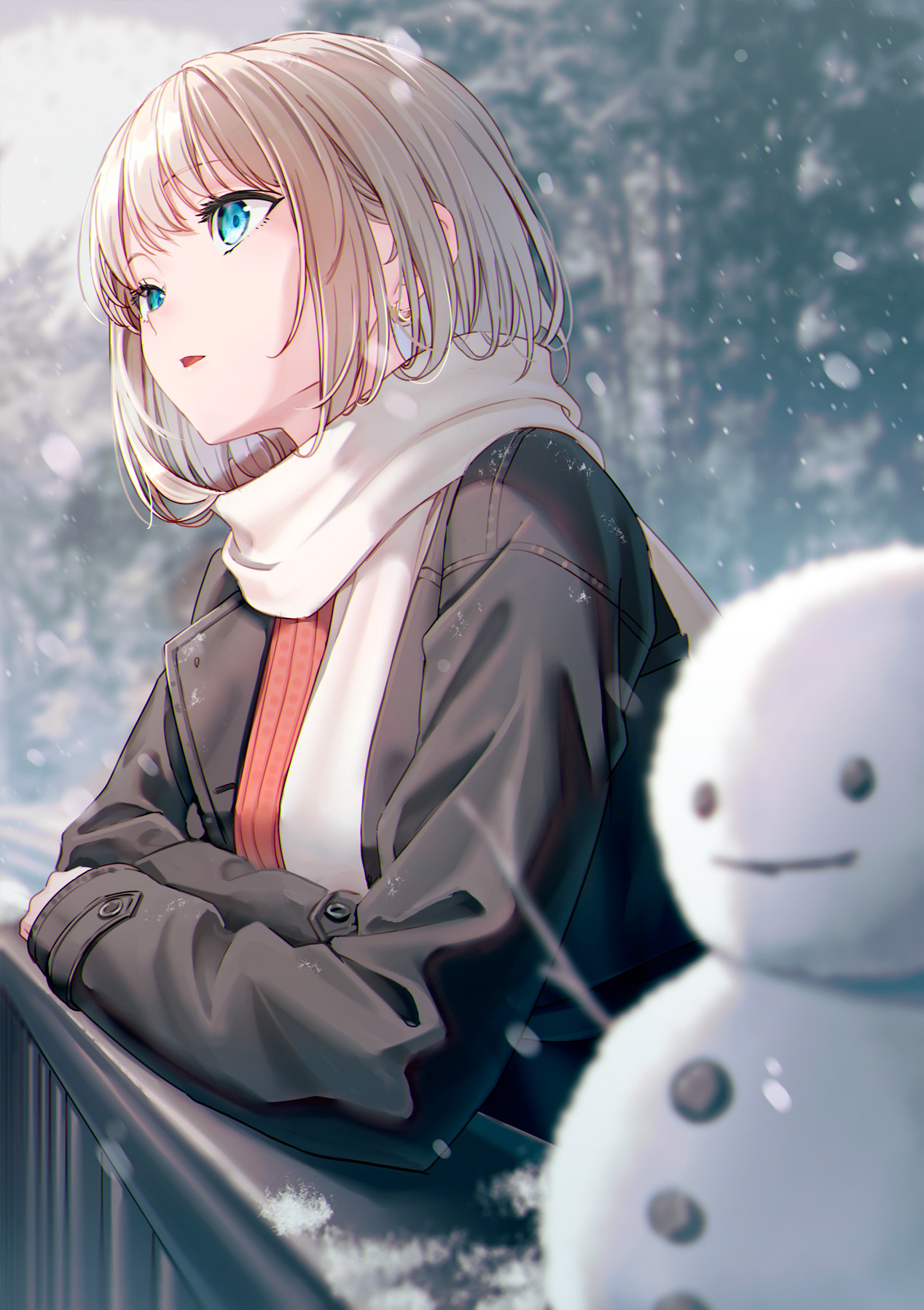 Anime 1268x1798 anime anime girls Hyuuga Azuri artwork ash blonde blue eyes scarf snowman short hair railing leather coat