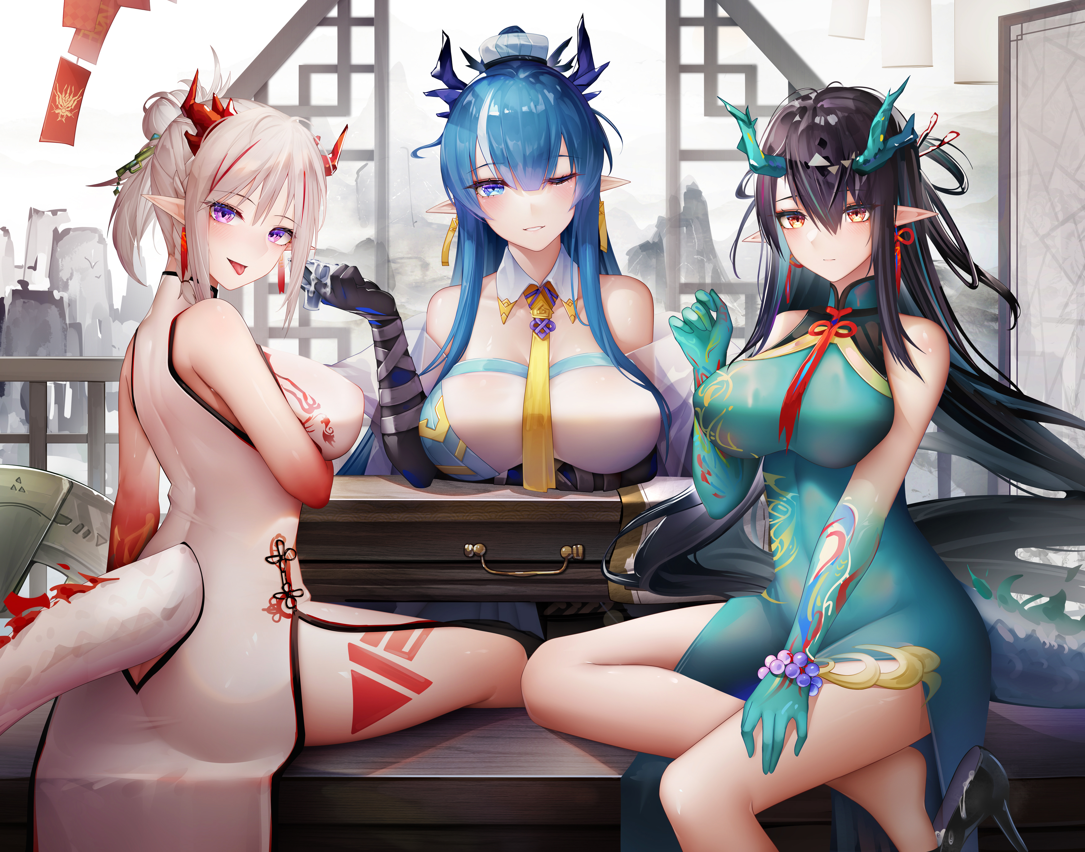 Anime 3500x2750 Arknights Dusk (Arknights) Nian(Arknights) anime girls women trio anime pointy ears dress brunette blue hair tie sitting looking at viewer tongue out Ling (Arknights)