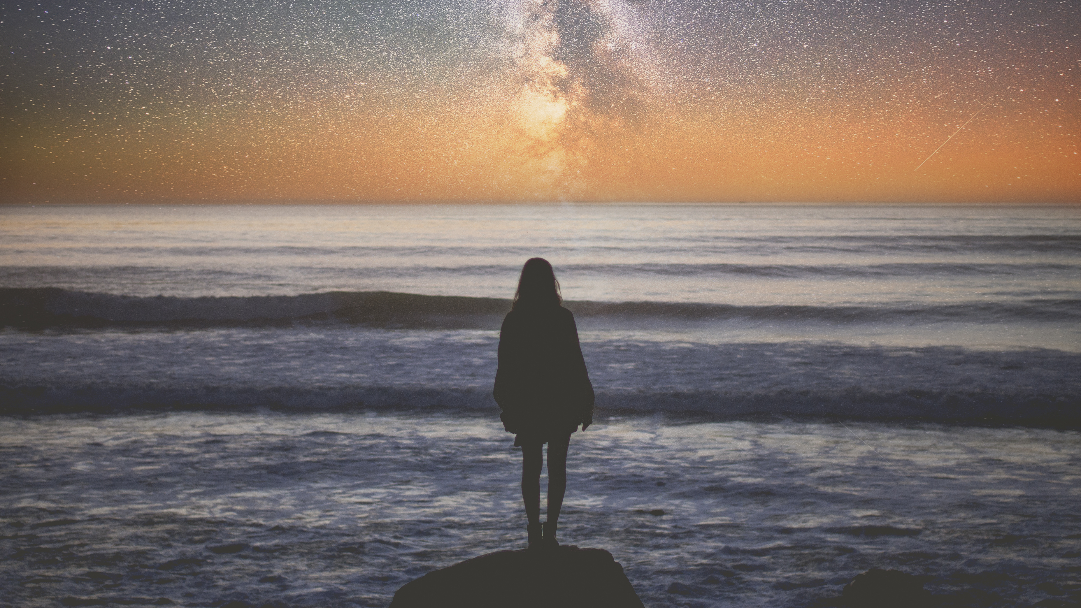 People 3708x2086 Maya Beano alone standing silhouette sea waves night sky long exposure brunette horizon boots long sleeves Milky Way women