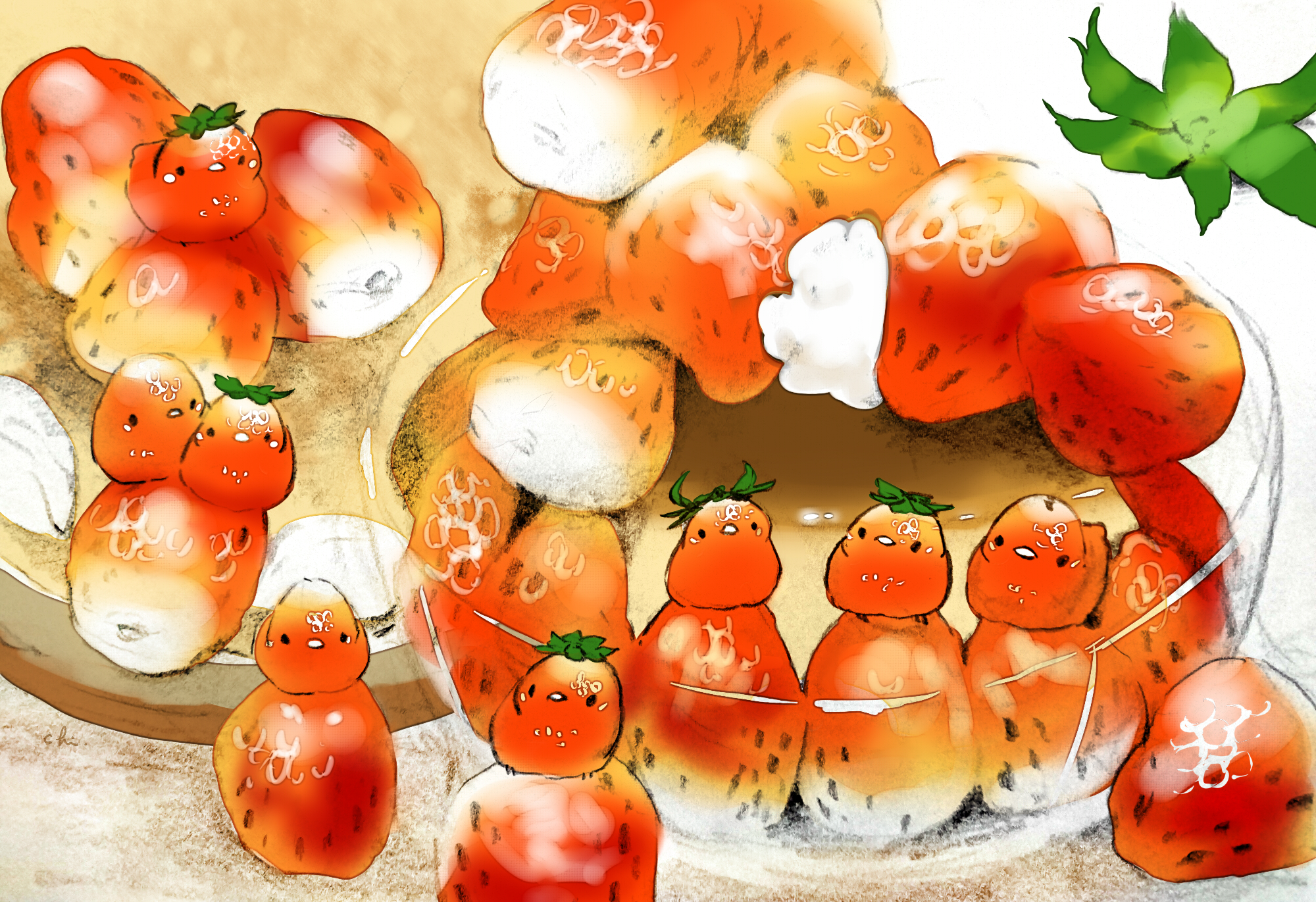 Anime 2000x1371 anime food strawberries birds