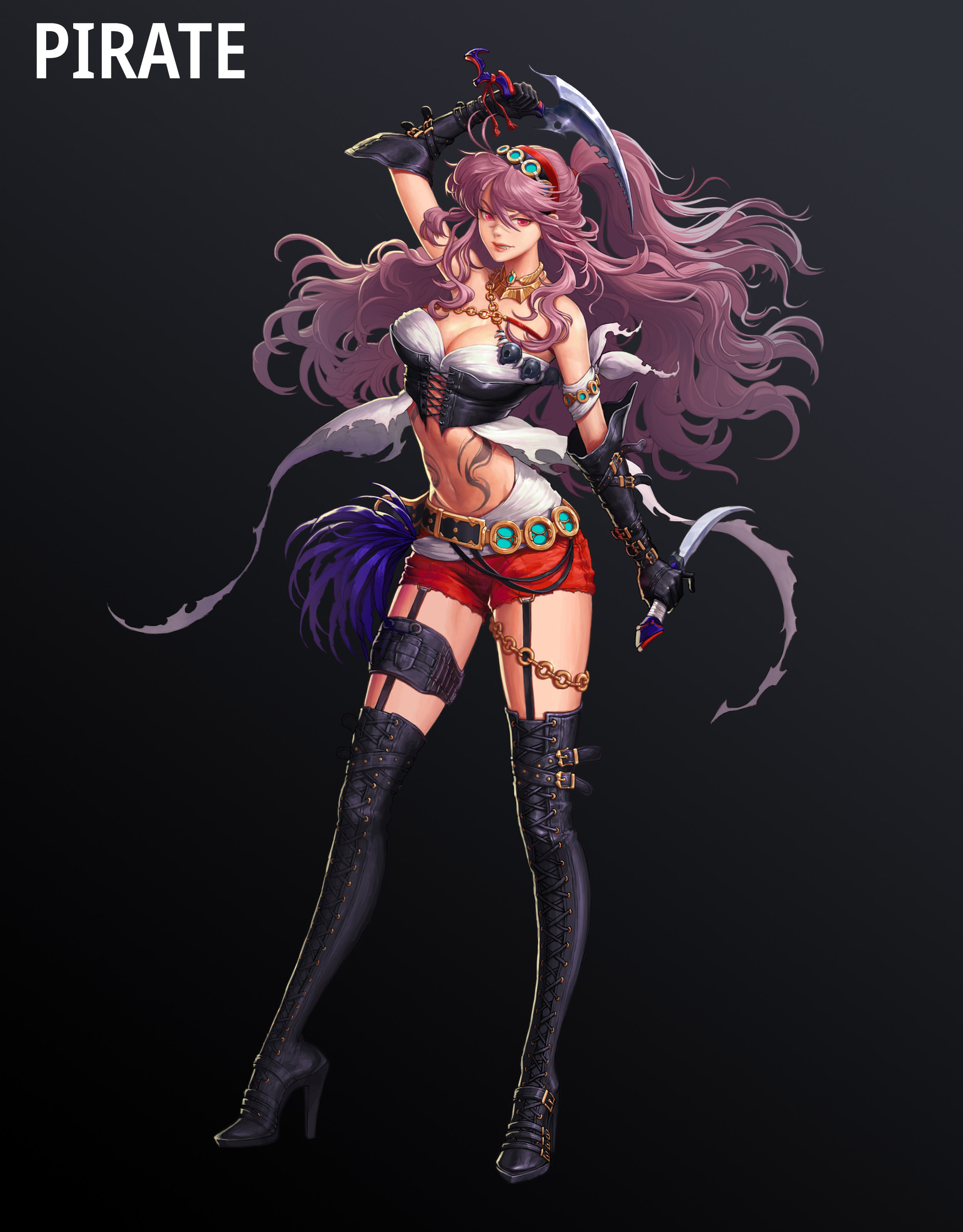 Anime 1920x2458 Minsook An drawing women pink hair long hair wind weapon dagger shorts thigh high boots simple background pirates