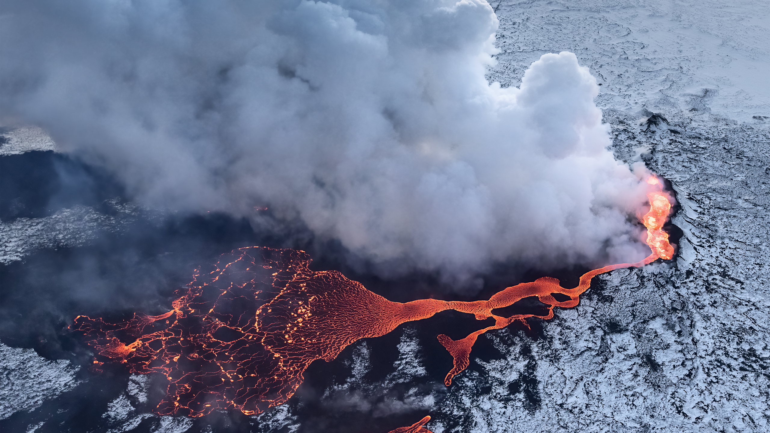 General 2560x1440 nature photography landscape volcano smoke lava mountains snow aerial view