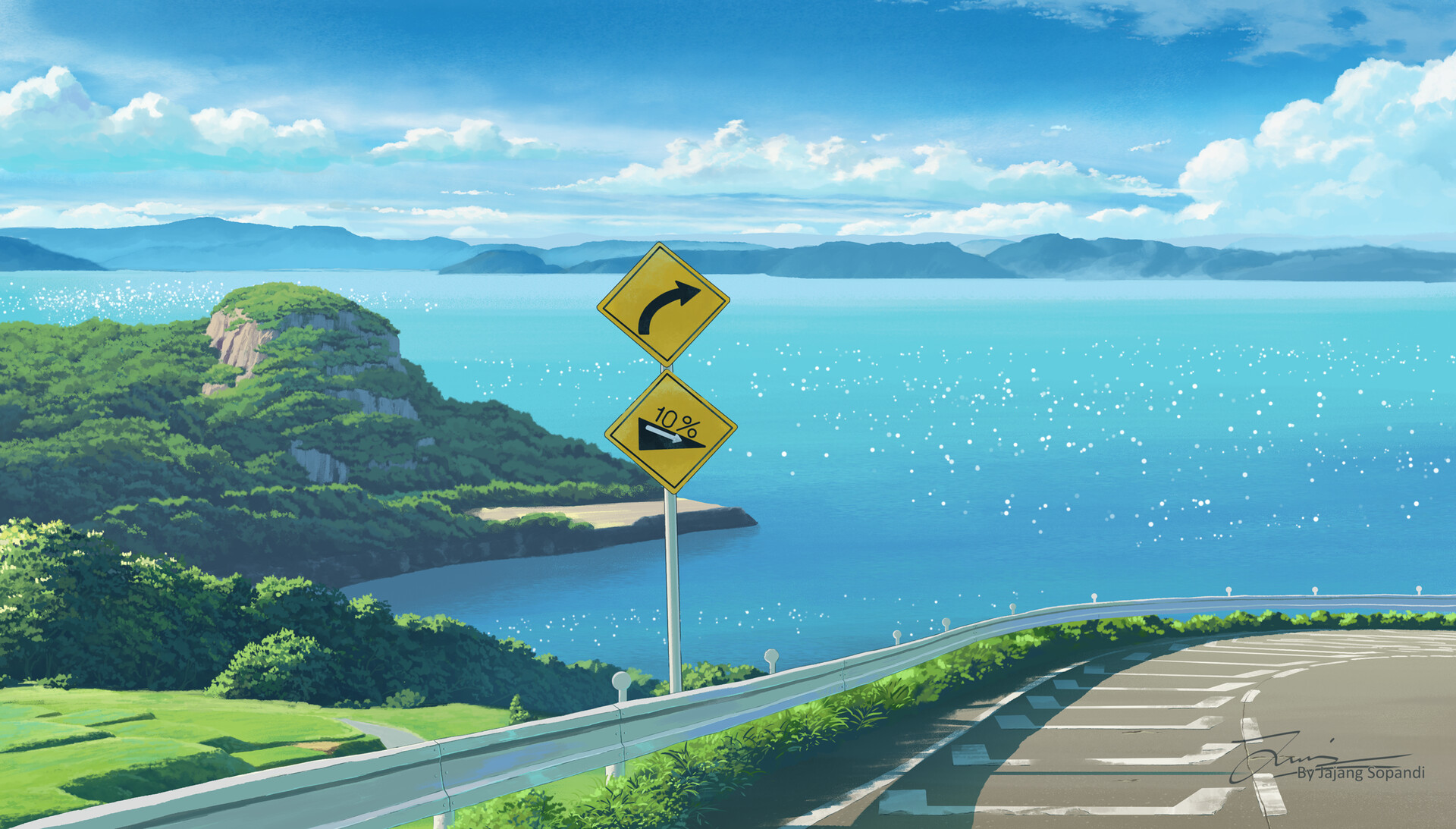 Anime 1920x1093 landscape clouds road water lake sea