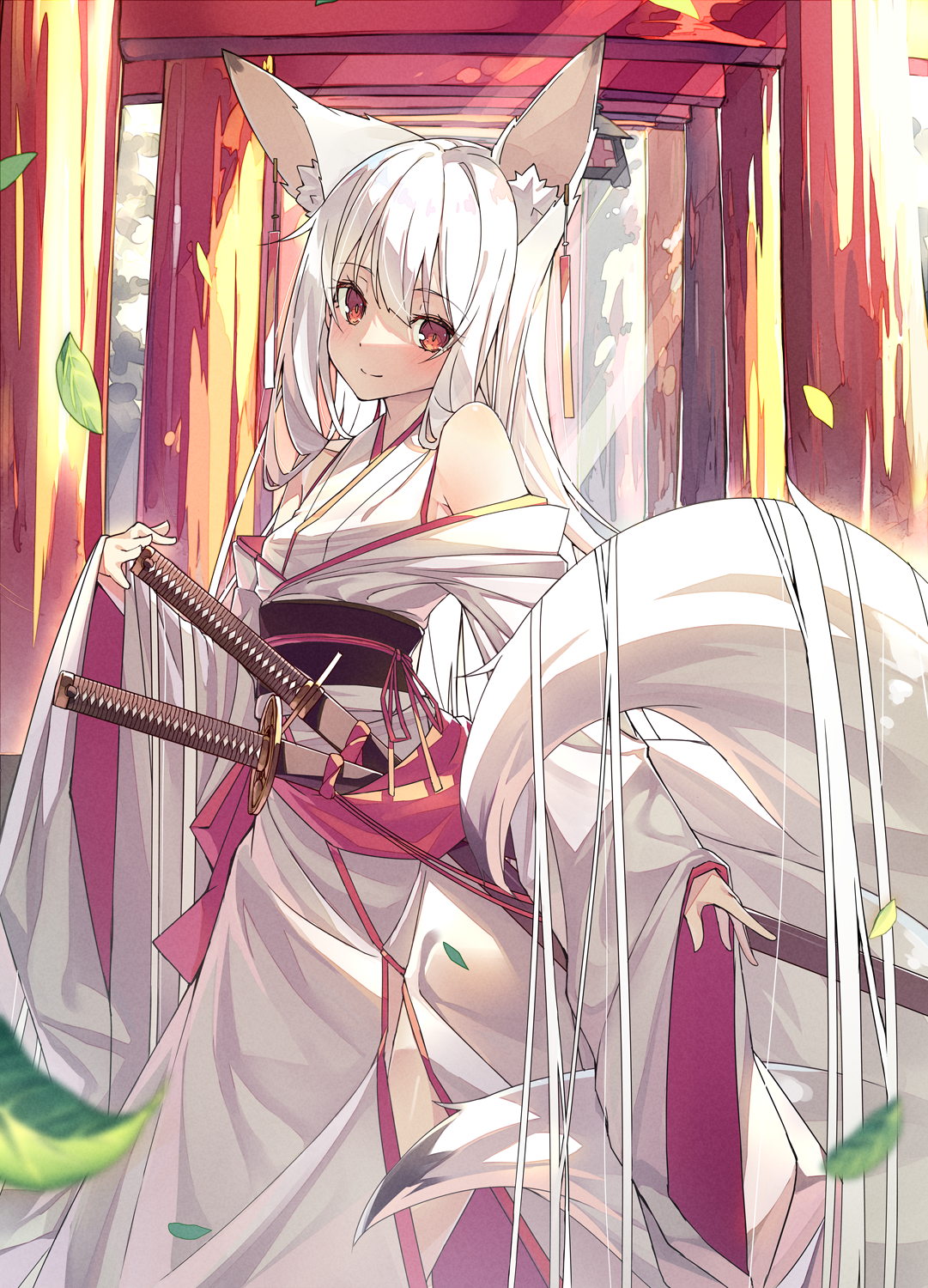 Anime 1081x1500 anime girls fox ears white hair fox girl sword red eyes