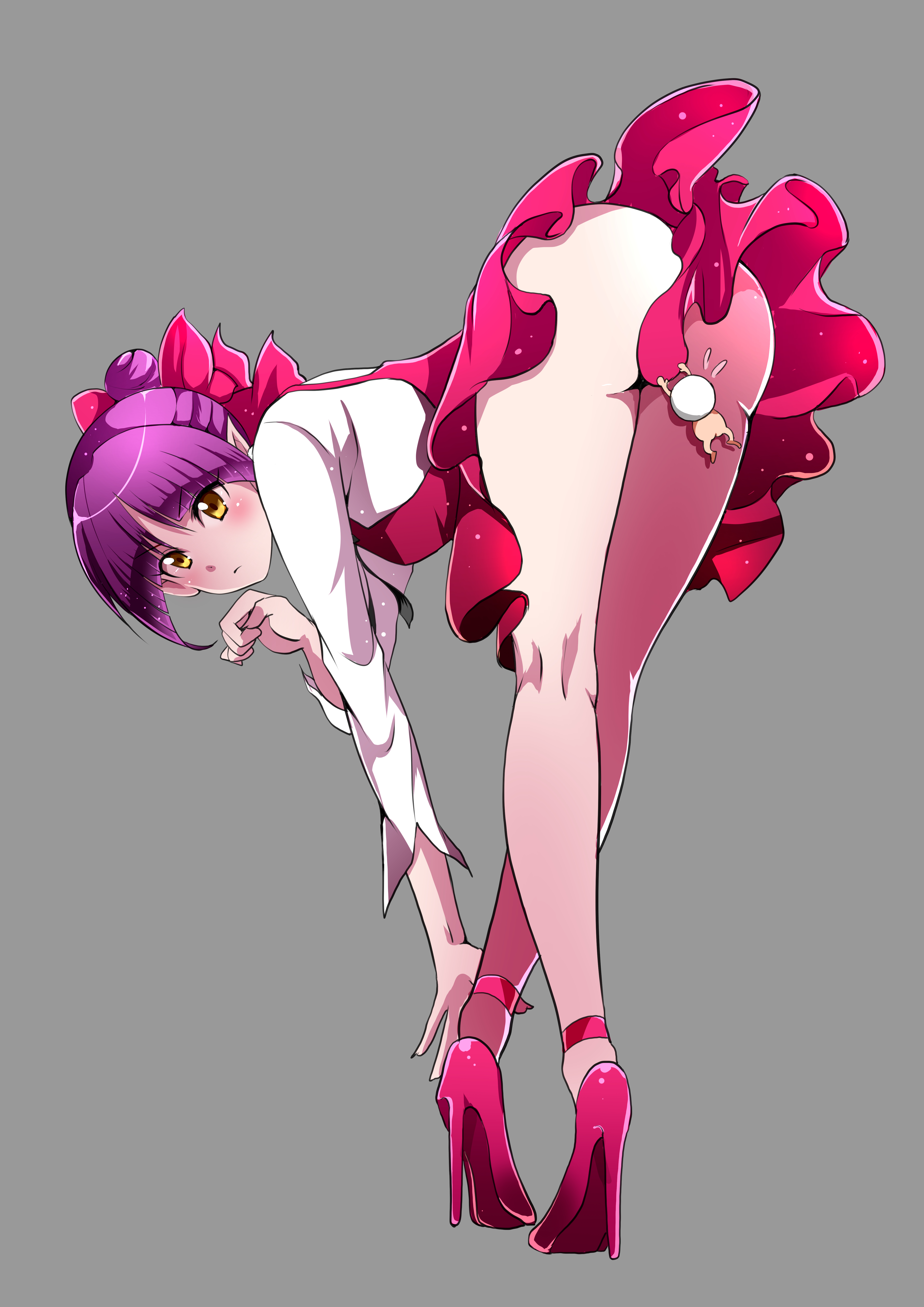Anime 4961x7016 artwork looking at viewer ass dress heels purple hair blushing bent over thighs anime girls GeGeGe no Kitarou Neko-Musume