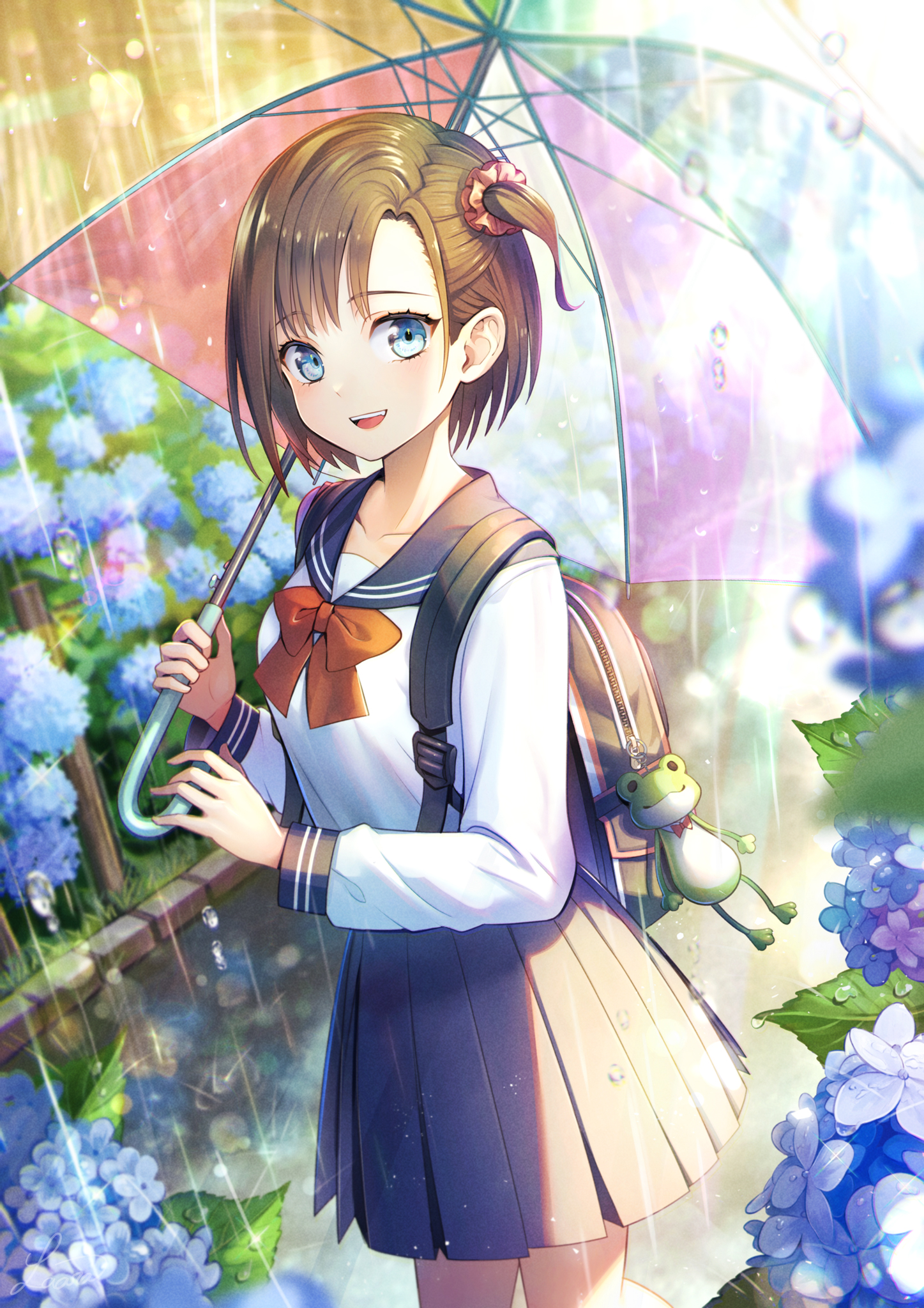 Anime 1447x2047 anime anime girls original characters solo artwork digital art fan art umbrella schoolgirl school uniform rain flowers blue eyes