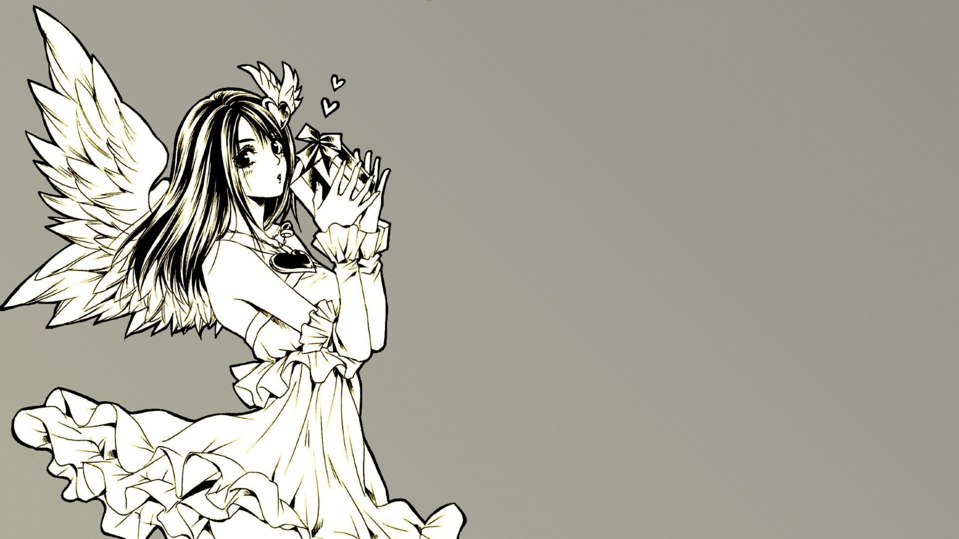 Anime 1920x1080 Rinoa Heartilly Final Fantasy Final Fantasy VIII black hair monochrome sleeveless strapless dress hair ornament looking at viewer angel angel wings feathers presents elbow gloves gloves frill dress heart black eyes blushing simple background gray background shoulder length hair bare shoulders video games Square Enix squaresoft retro games video game girls gradient soft gradient 