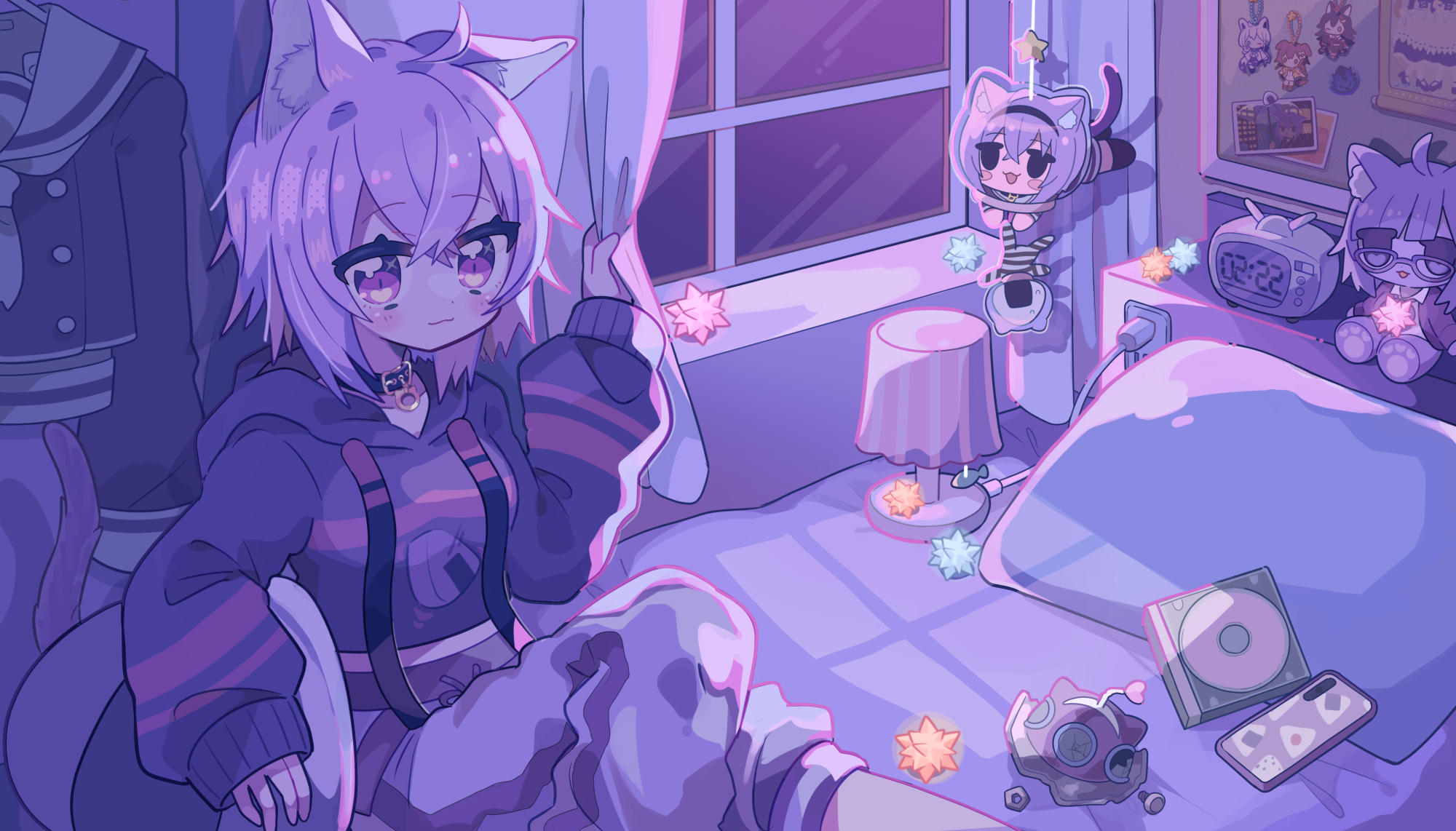 Anime 2000x1142 Nekomata Okayu Hololive Virtual Youtuber purple hoodie room cat girl anime anime girls animal ears