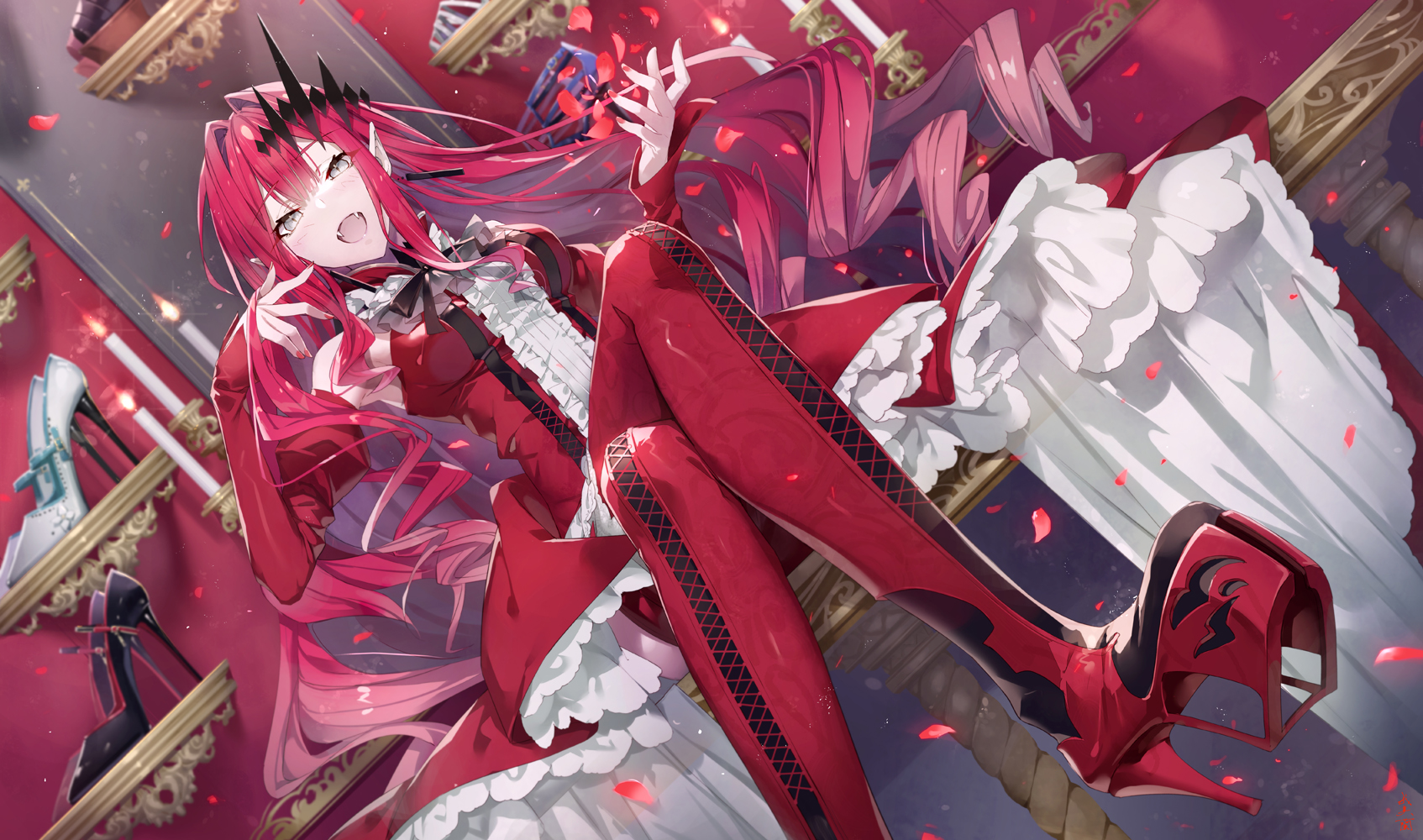 Anime 1694x1000 anime anime girls heels fangs vampires open mouth pointy ears sitting legs legs crossed long hair candles dress red dress redhead gray eyes Fate/Grand Order Fate series Gabiran Baobhan Sith