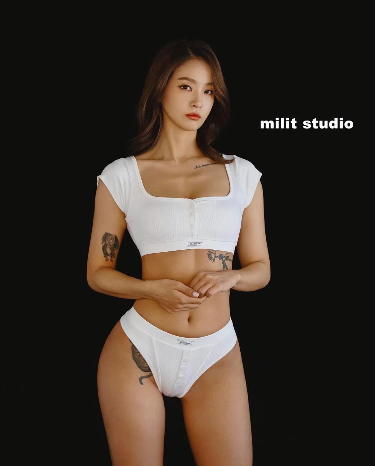 People 1242x1542 Kim Cockerspaniel milit studio Asian tattoo model women short shirt
