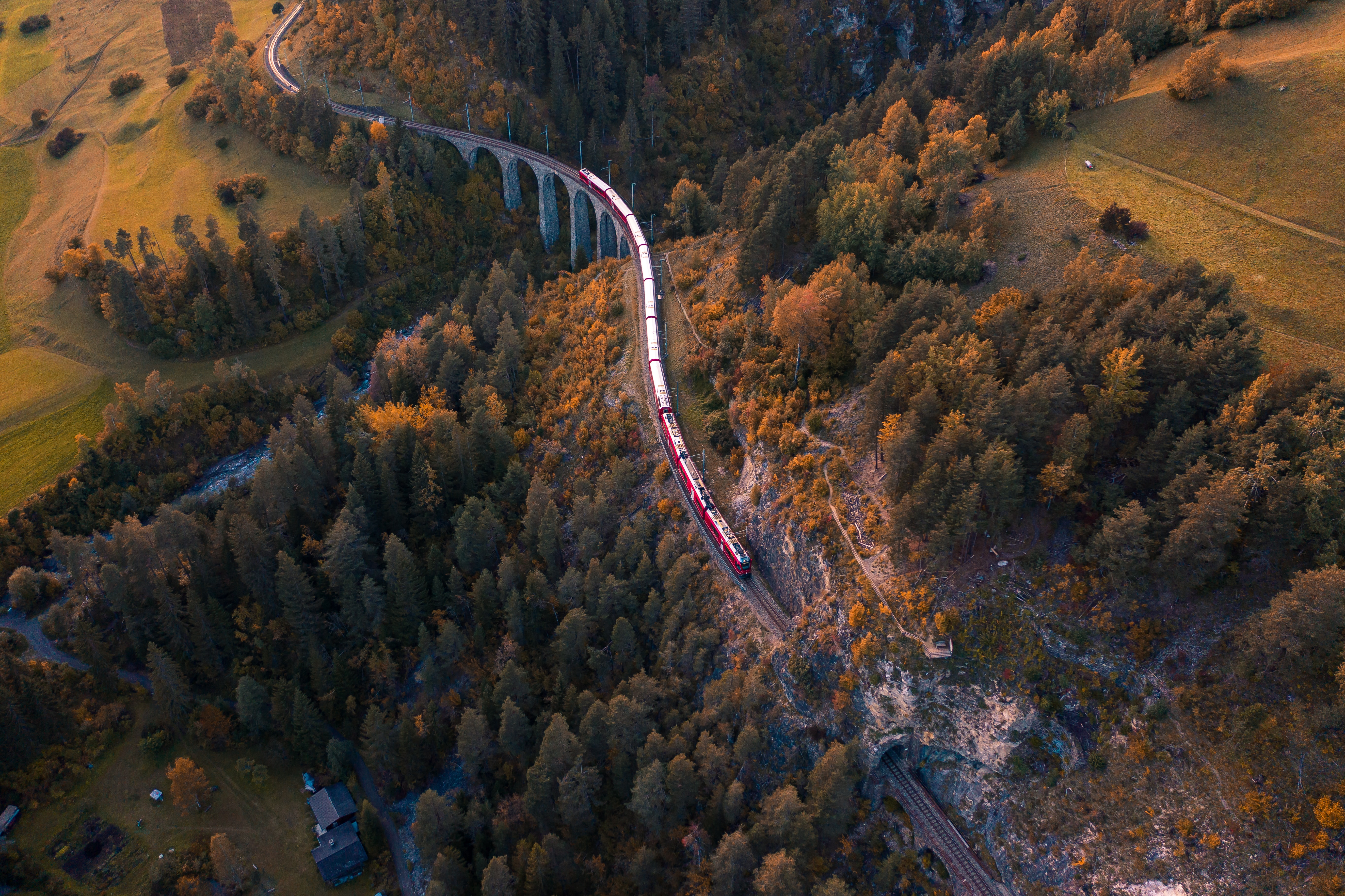 General 5464x3640 train aerial view Switzerland bridge railway nature forest viaduct tunnel