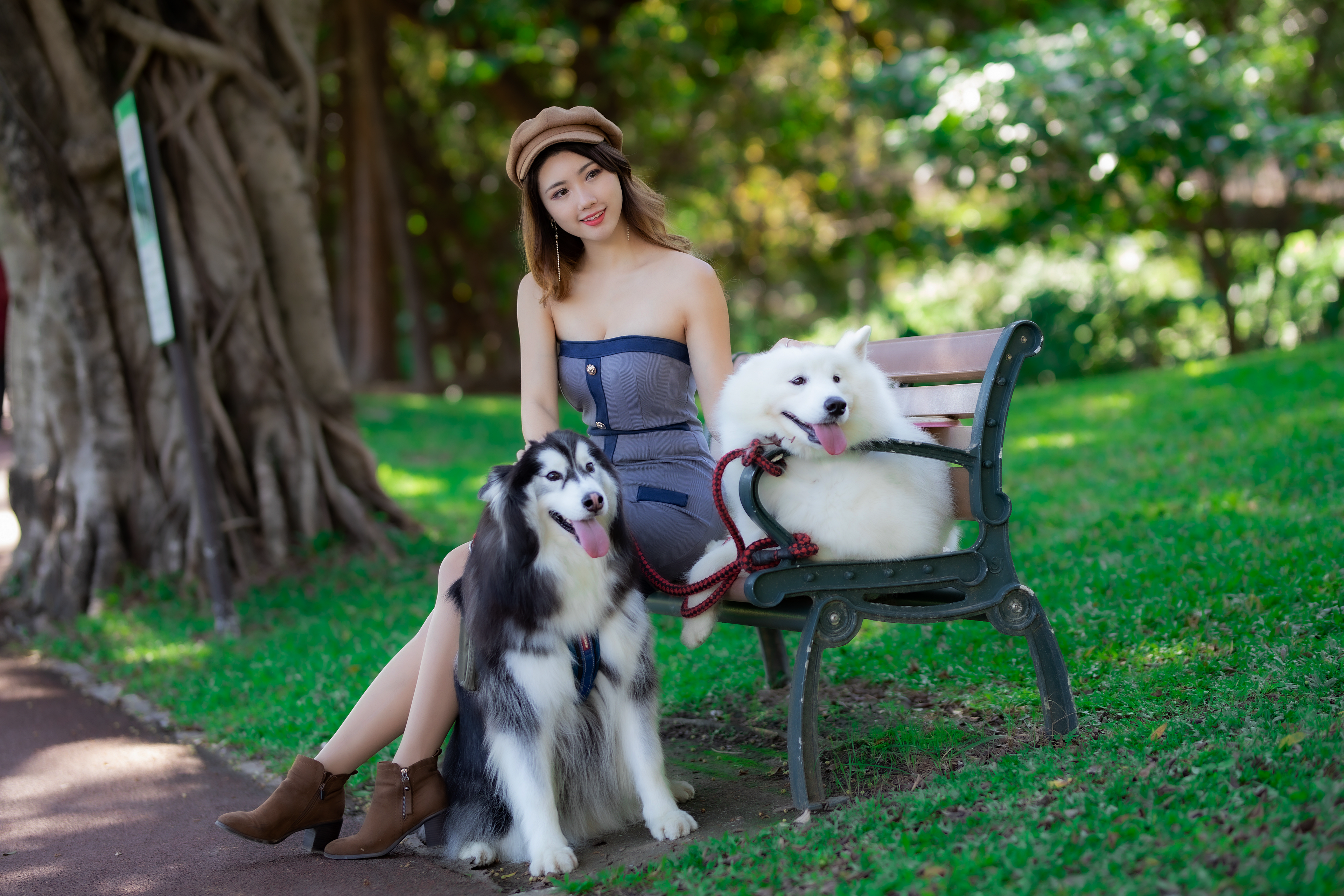 People 3840x2560 Asian model women long hair brunette sitting bench dog trees grass shoes berets bare shoulders dress depth of field animals mammals makeup tongue out hat women with hats park women outdoors heels boots chingcho