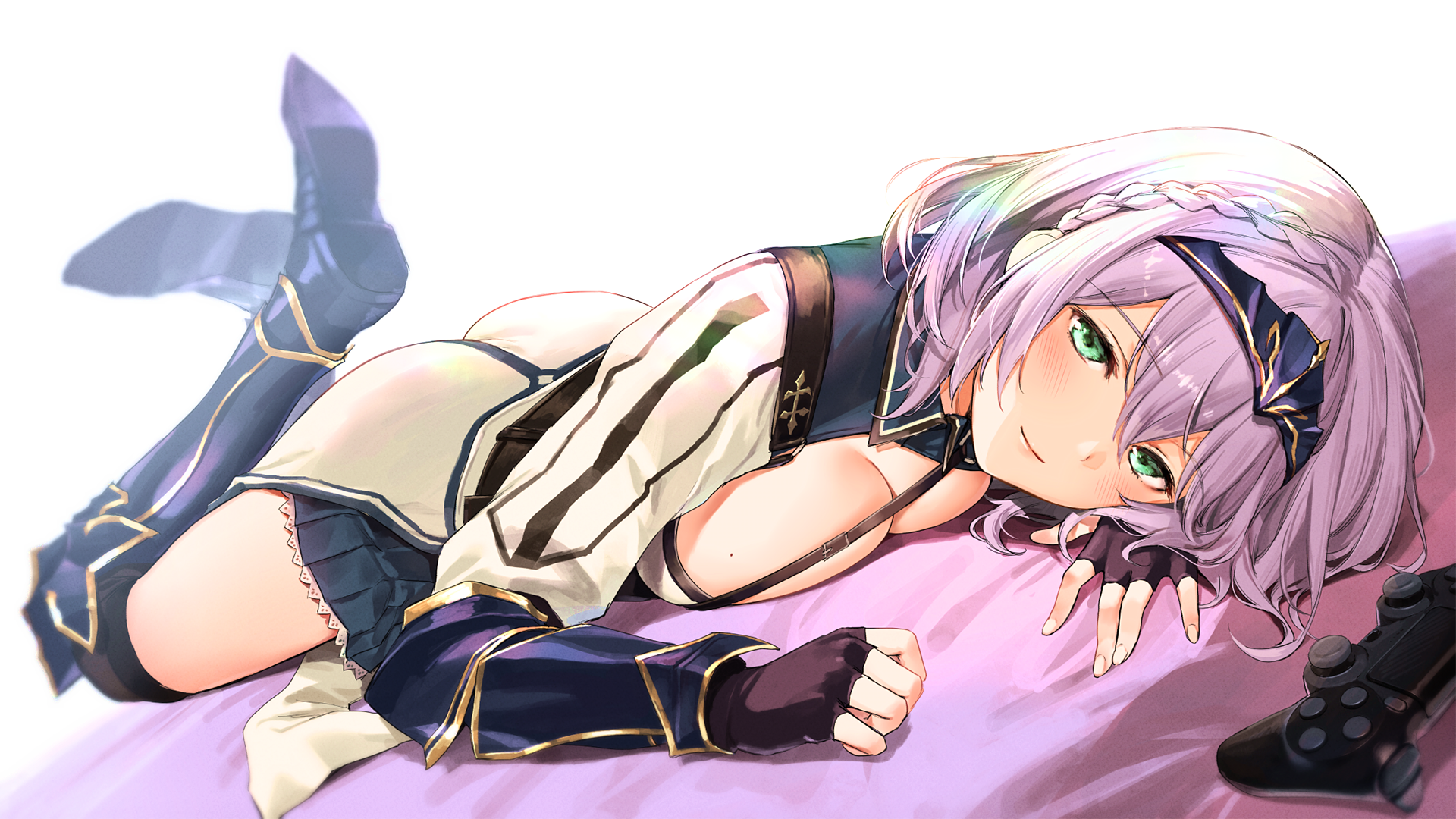 Anime 1920x1080 green eyes short hair thigh-highs gloves boobs cleavage controllers purple hair lying on front feet in the air anime girls anime Hololive Shirogane Noel Umakuchi Shouyu
