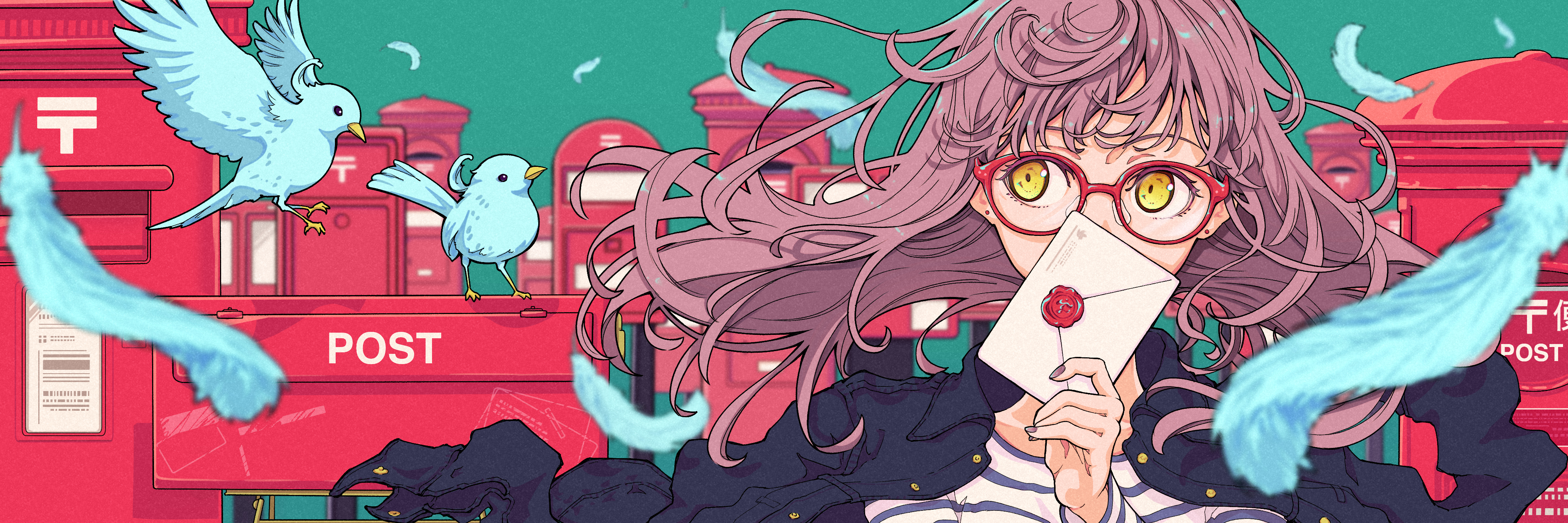 Anime 4134x1379 anime anime girls long hair glasses yellow eyes birds feathers pink hair looking away letter black nails mailbox black shirt ultrawide