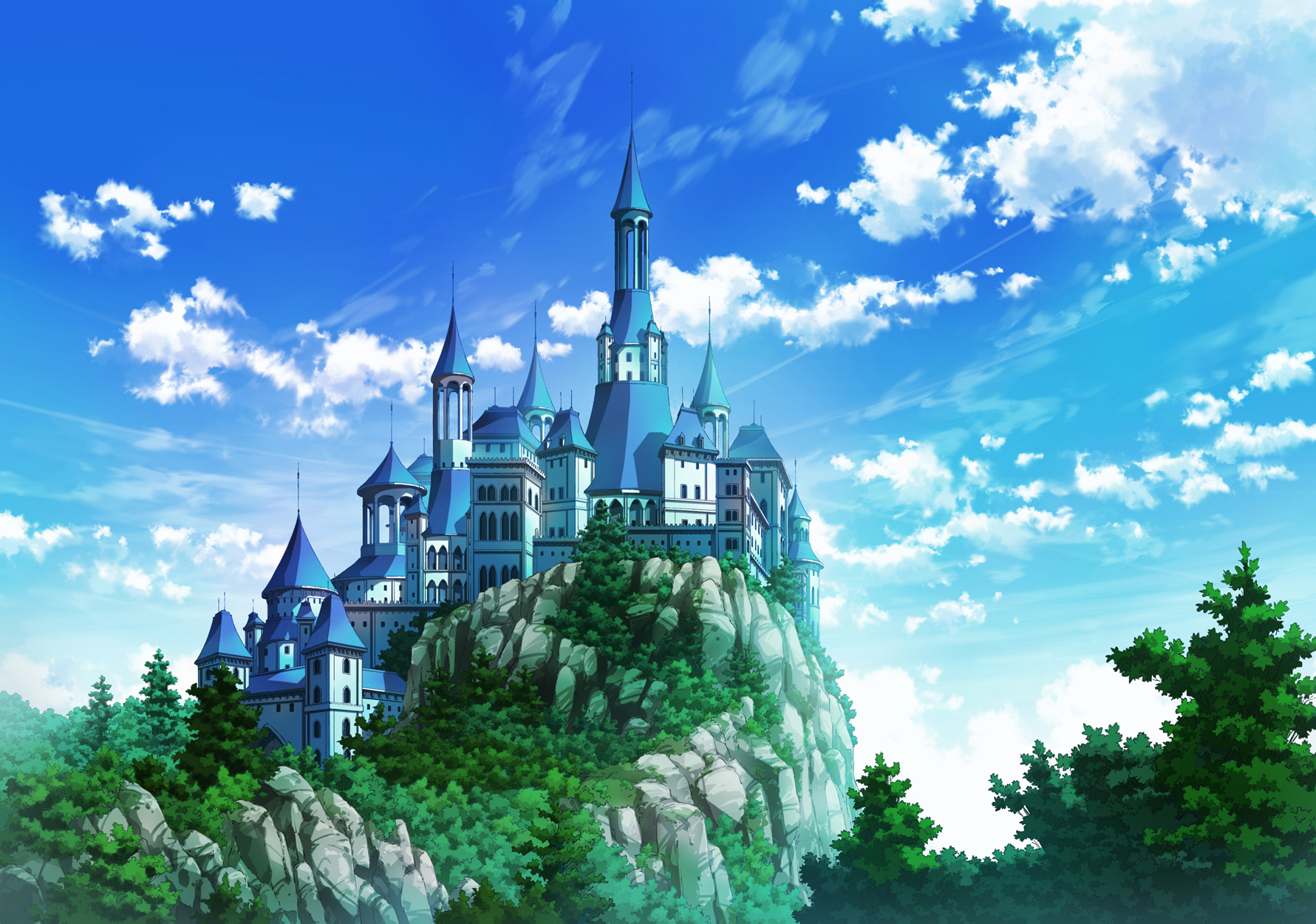Anime 1781x1250 castle cliff sky Sakanamodoki