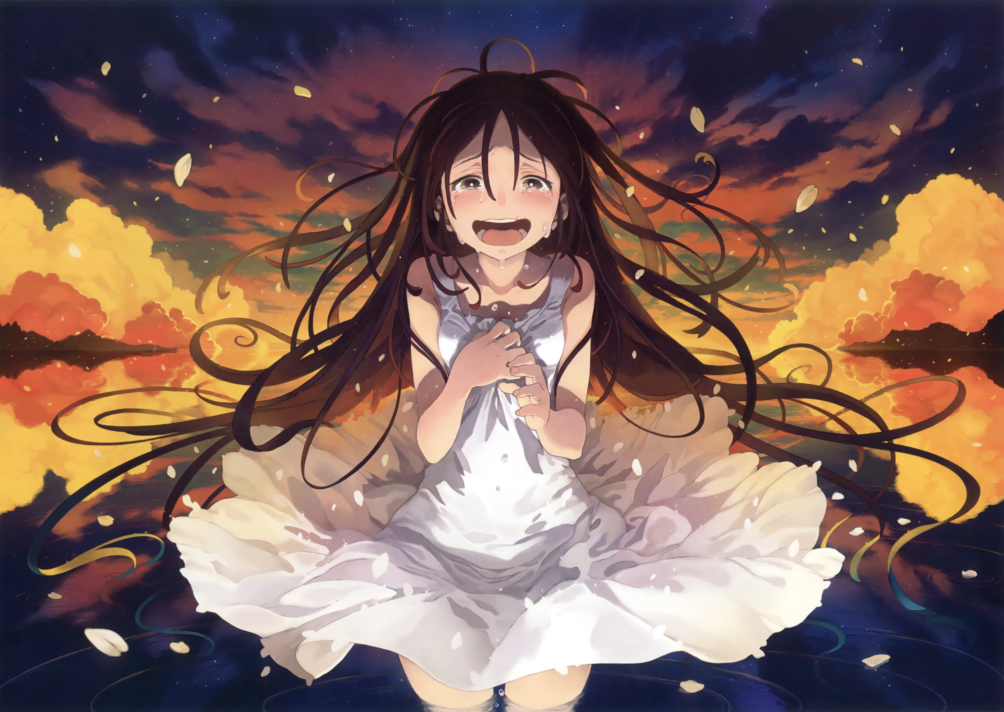 Anime 3300x2342 Morino Hon anime girls crying tears brunette long hair dress sun dress sky clouds water sunset petals
