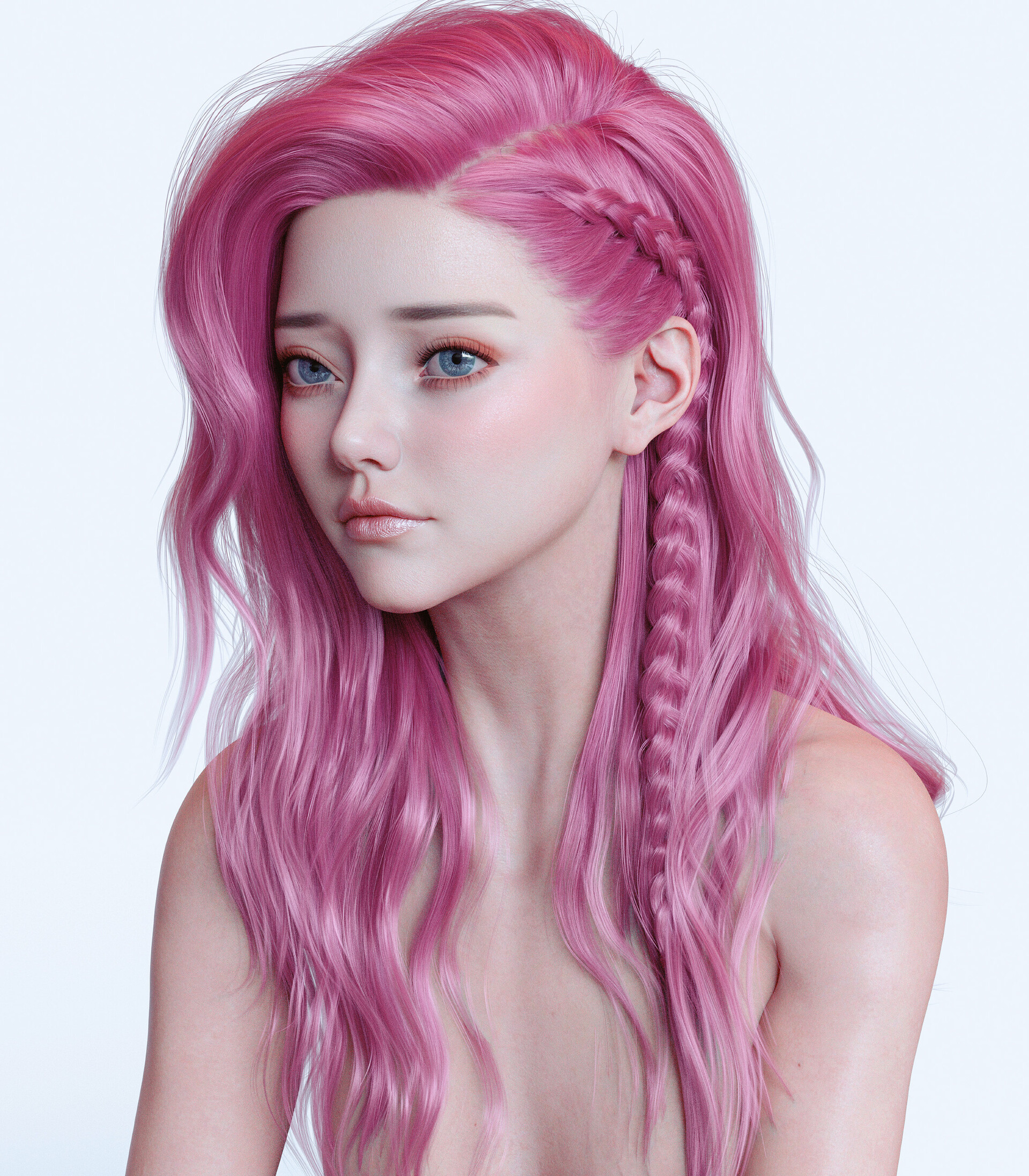 General 1920x2194 pink hair women CGI long hair pink lipstick blue eyes simple background white background ArtStation hair covering boobs face portrait looking into the distance Seraphine (League of Legends) League of Legends Chen Wang nude