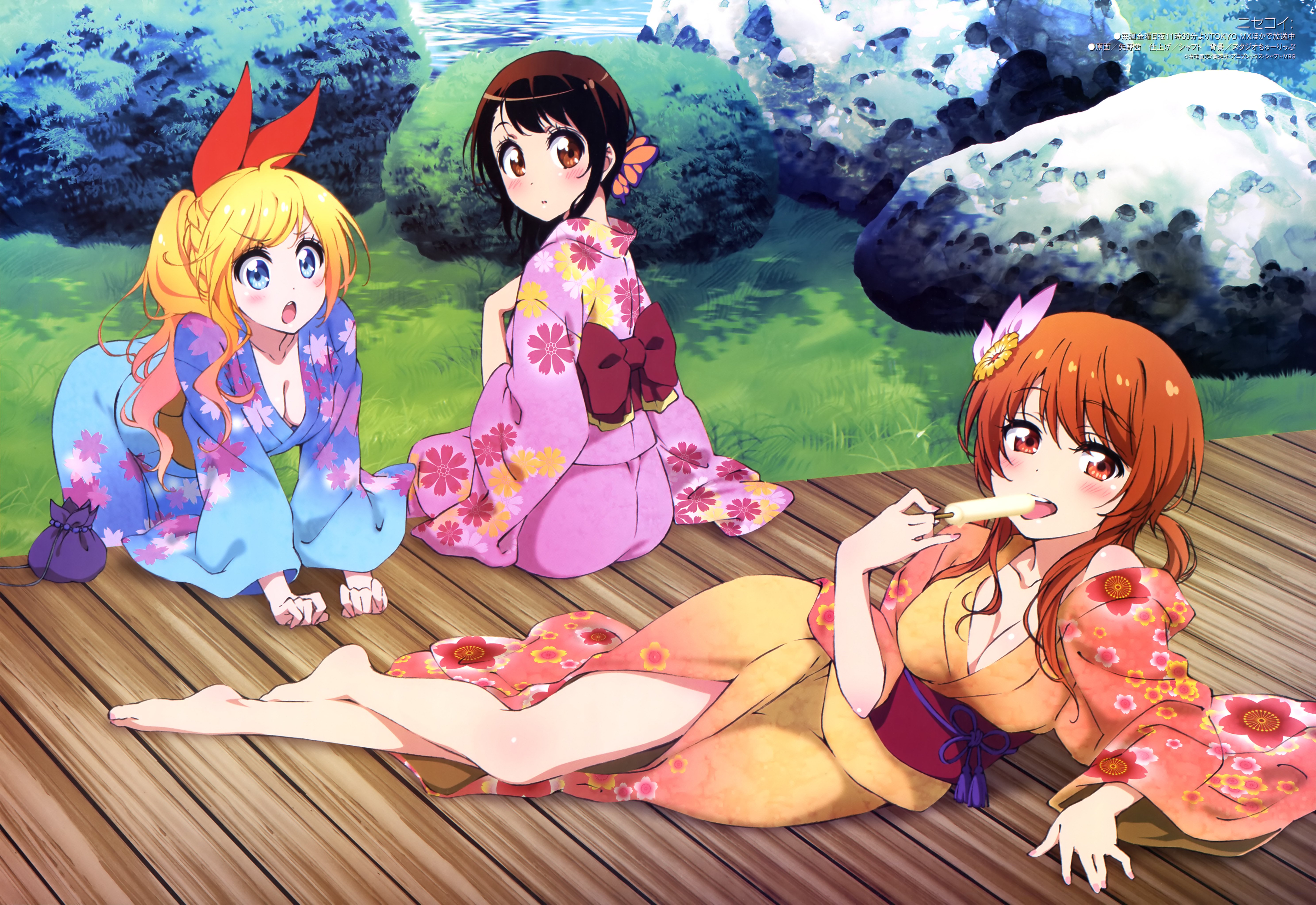 Anime 5949x4092 anime anime girls Nisekoi Kirisaki Chitoge Onodera Kosaki Tachibana Marika Japanese clothes yukata barefoot ice cream blush cleavage Yano Akane