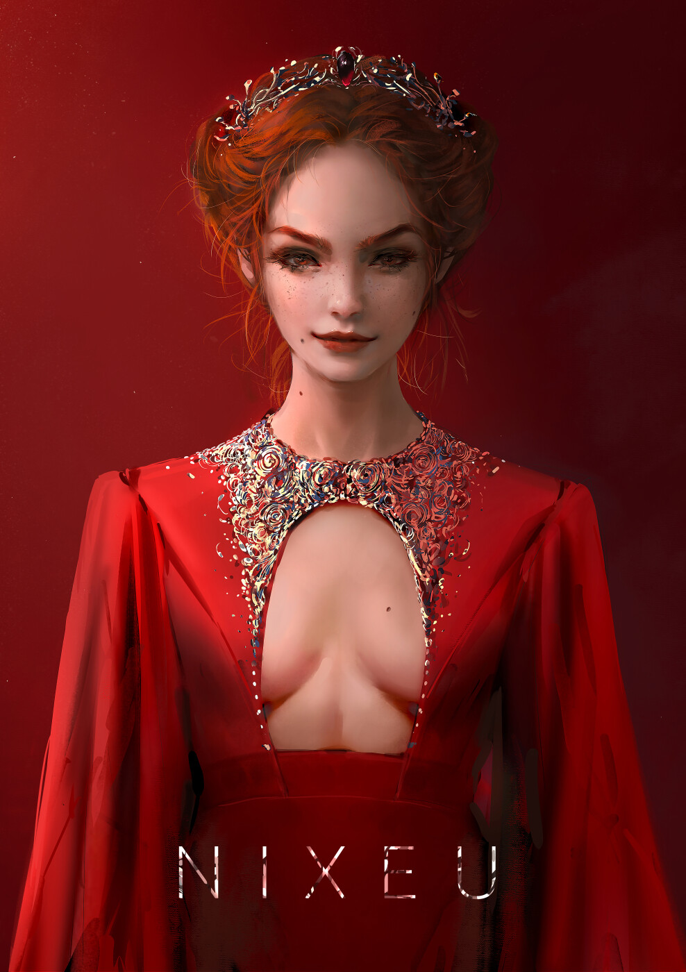 General 988x1400 digital art artwork 2D portrait display red background red dress redhead Nixeu cleavage cutout