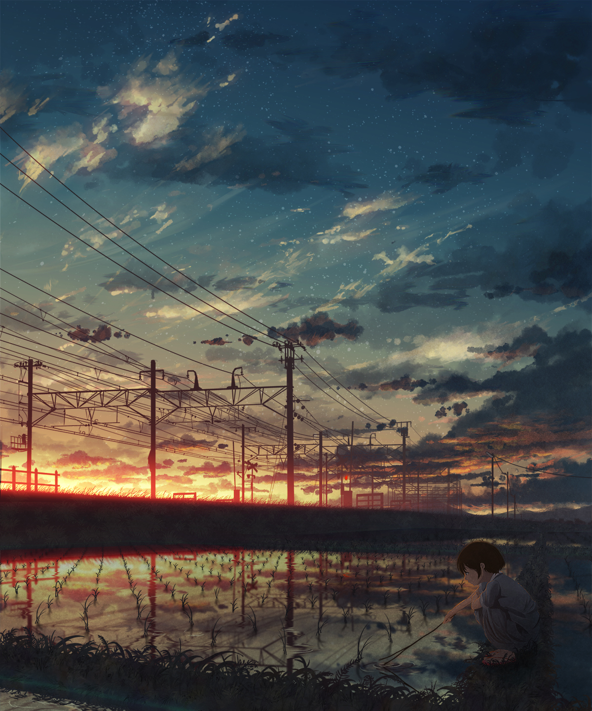 Anime 1200x1440 nature landscape clouds rice fields sunset anime girls Natsu (artist)