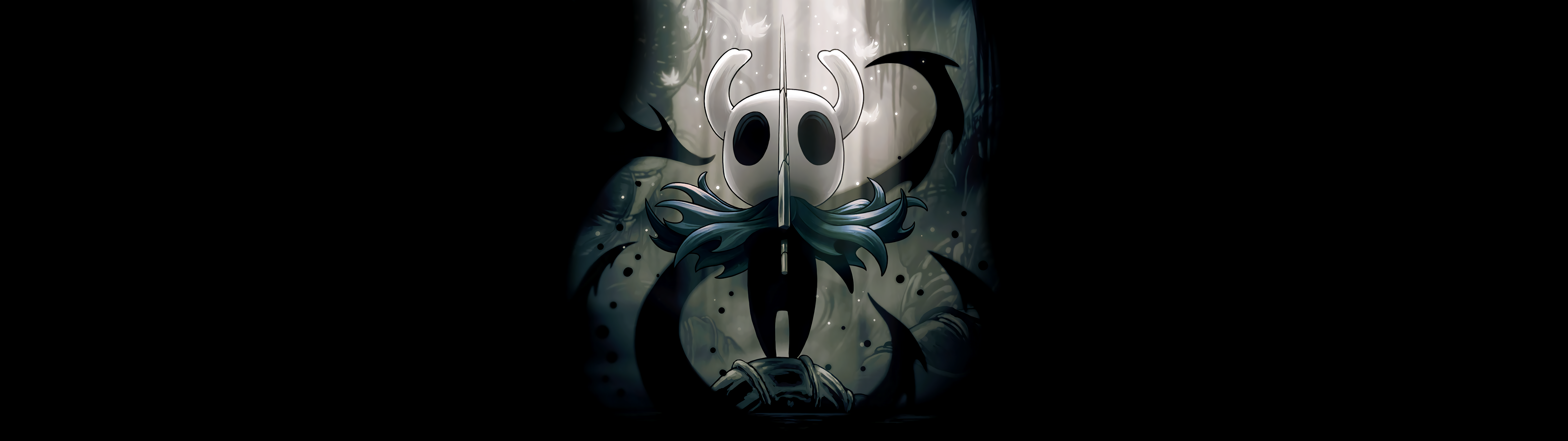 General 7680x2160 Hollow Knight video games 4K video game characters ultrawide minimalism simple background mask black background sword cape