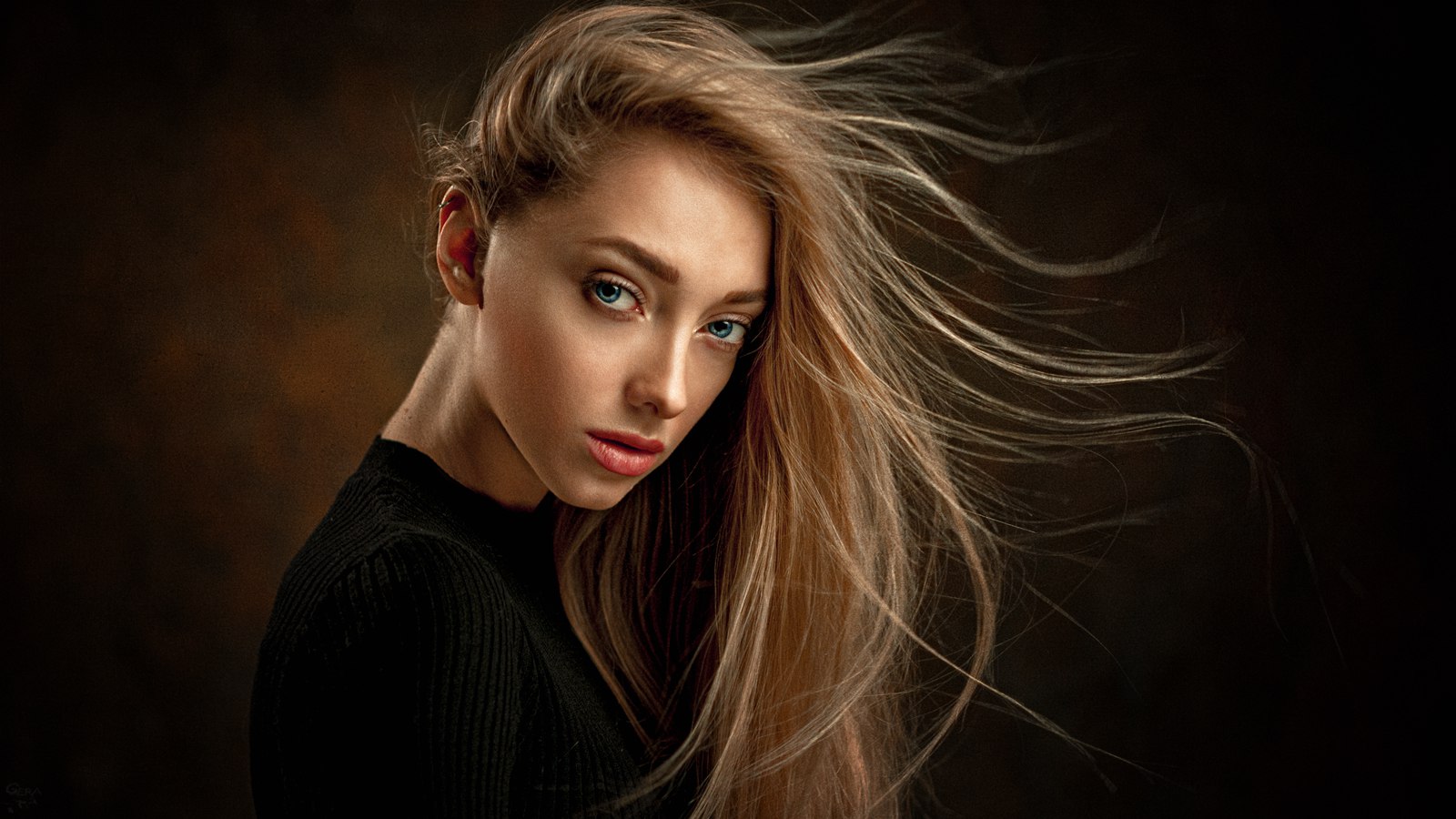 People 1600x900 indoors long hair blonde looking at viewer face Georgy Chernyadyev lipstick simple background red lipstick Anna Ioannova women closeup hair blowing in the wind parted lips head tilt blue eyes women indoors studio