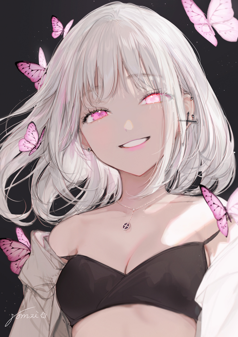 Anime 905x1280 portrait display silver hair pink eyes butterfly anime girls Gomzi bra cleavage