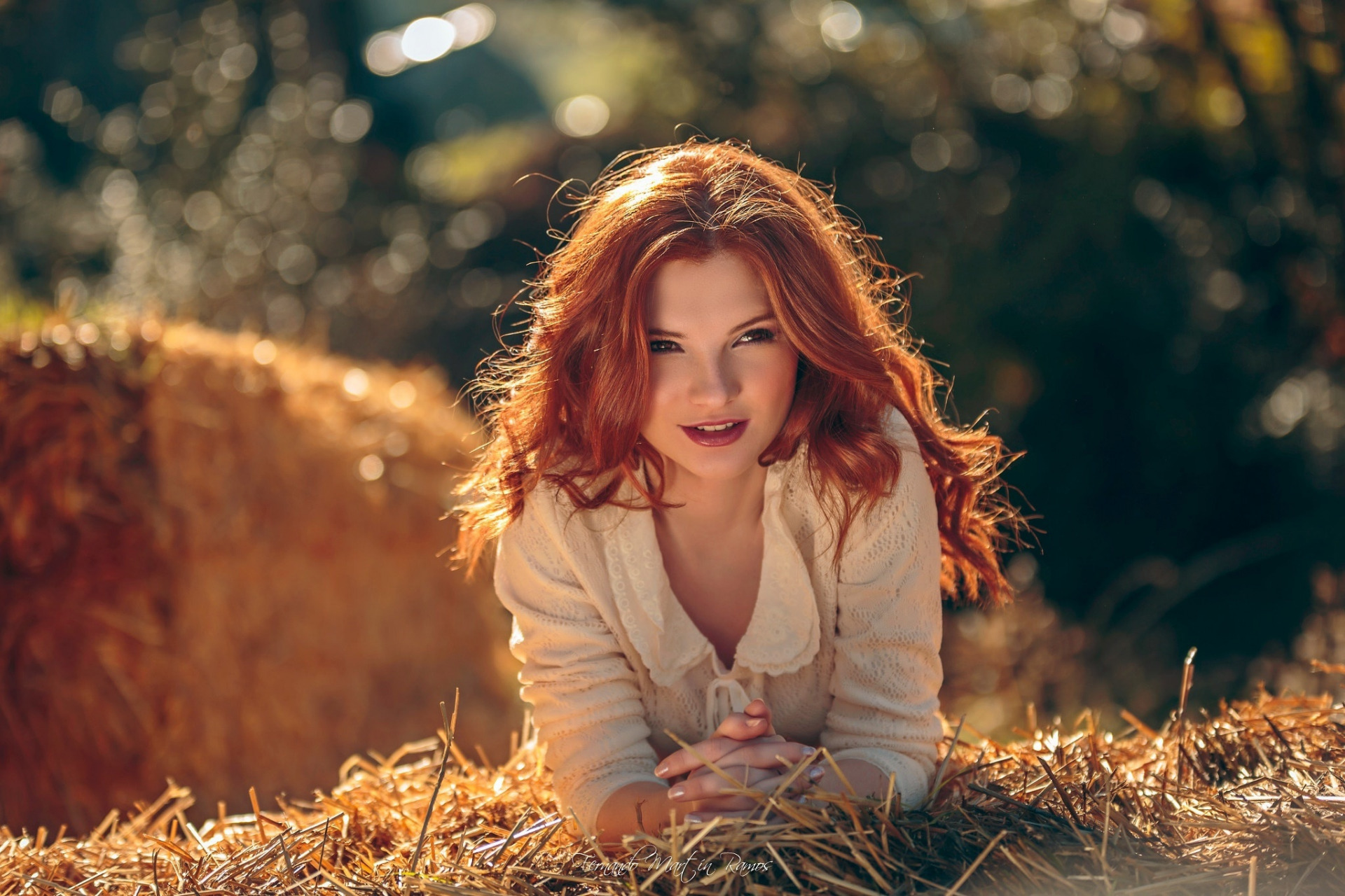 People 1920x1280 lying on front straw looking away redhead looking into the distance photography women open mouth brunette hands crossed hair   white clothing face depth of field frontal view model