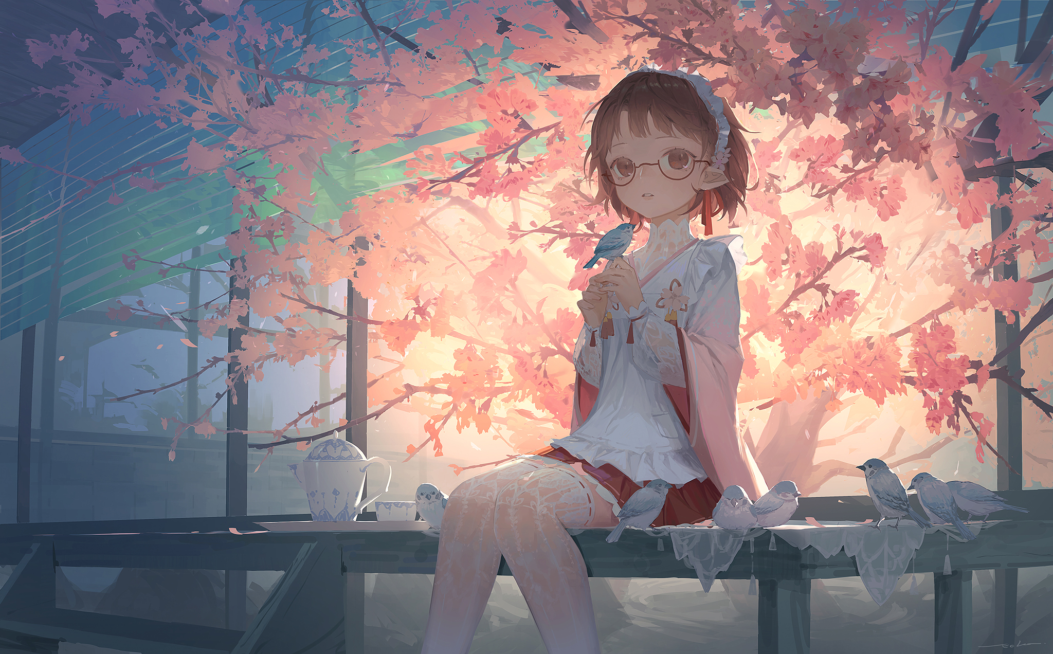 Anime 2048x1272 anime anime girls pointy ears birds glasses brunette brown eyes short hair tea party cherry trees dress looking at viewer maid thigh-highs loli Echosdoodle