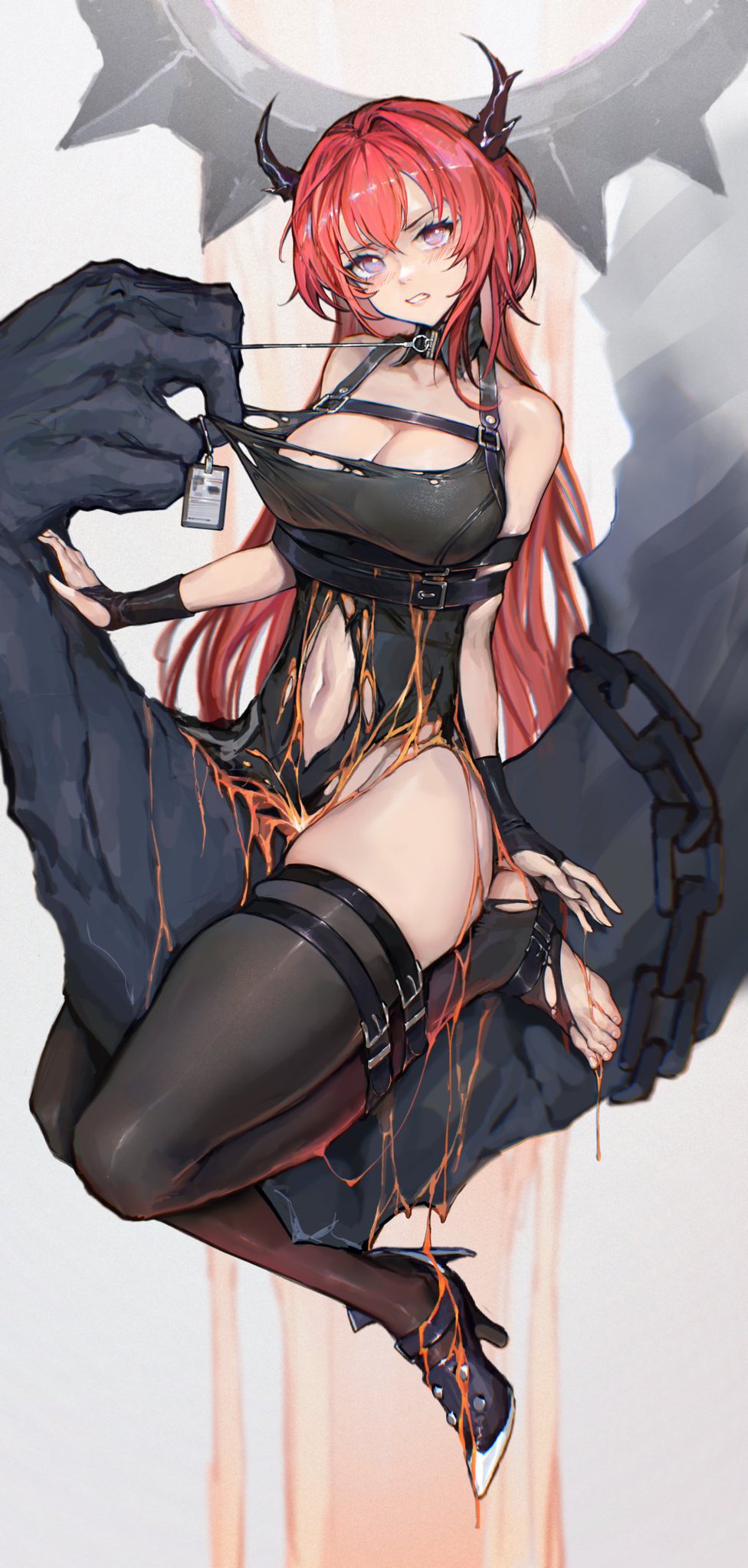 Anime 976x2047 Surtr (Arknights) Arknights anime girls artwork WestKing suggestive pulling clothing cleavage thigh-highs torn clothes straddling redhead horns thighs stockings black stockings body harness fluid dripping collar long hair clenched teeth purple eyes bodysuit arms sitting gloves fingerless gloves digital art portrait display