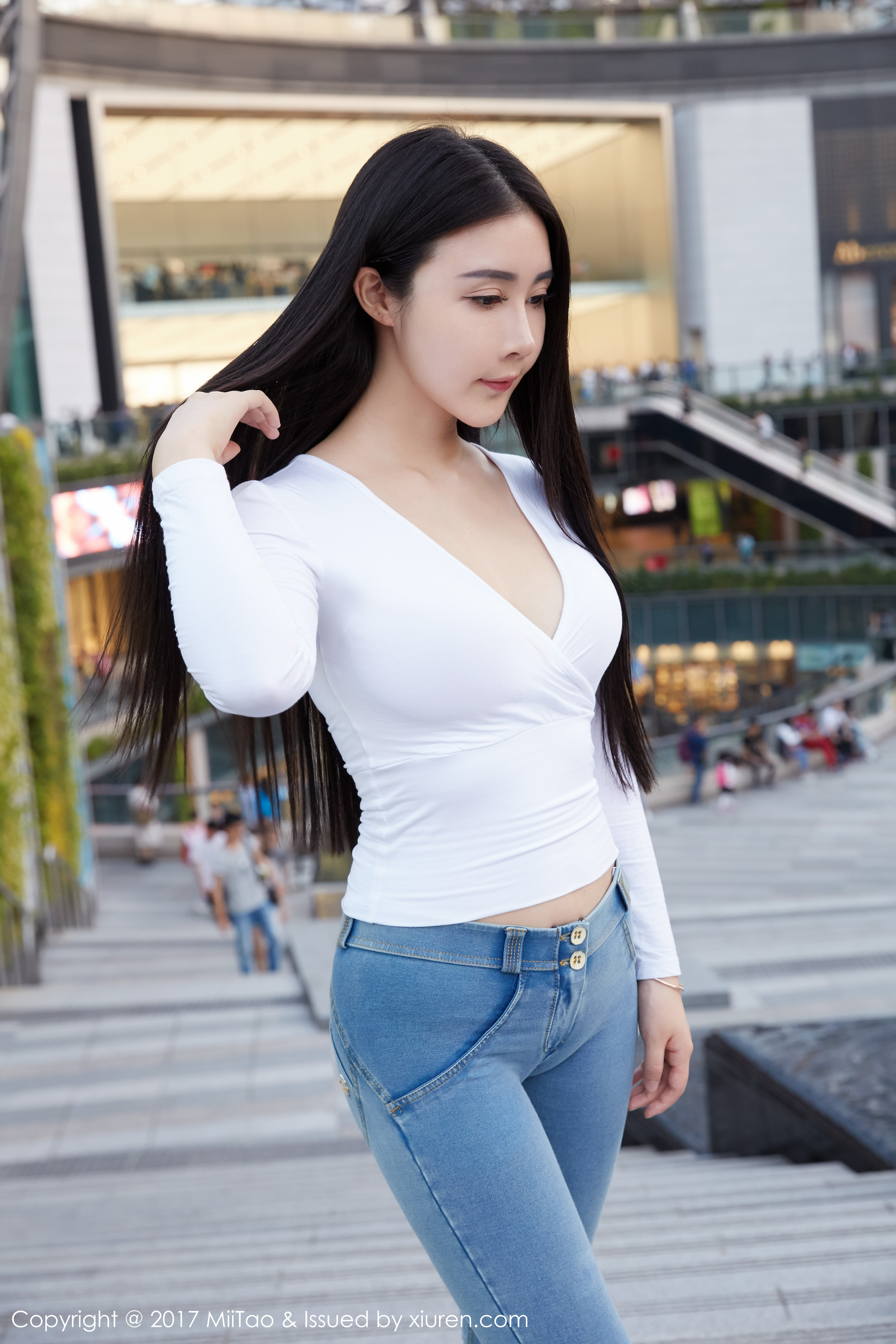 People 3600x5400 women Asian Chinese model MiiTao Xiuren white blouse jeans pale black hair long hair looking away women outdoors Chinese white tops standing red lipstick
