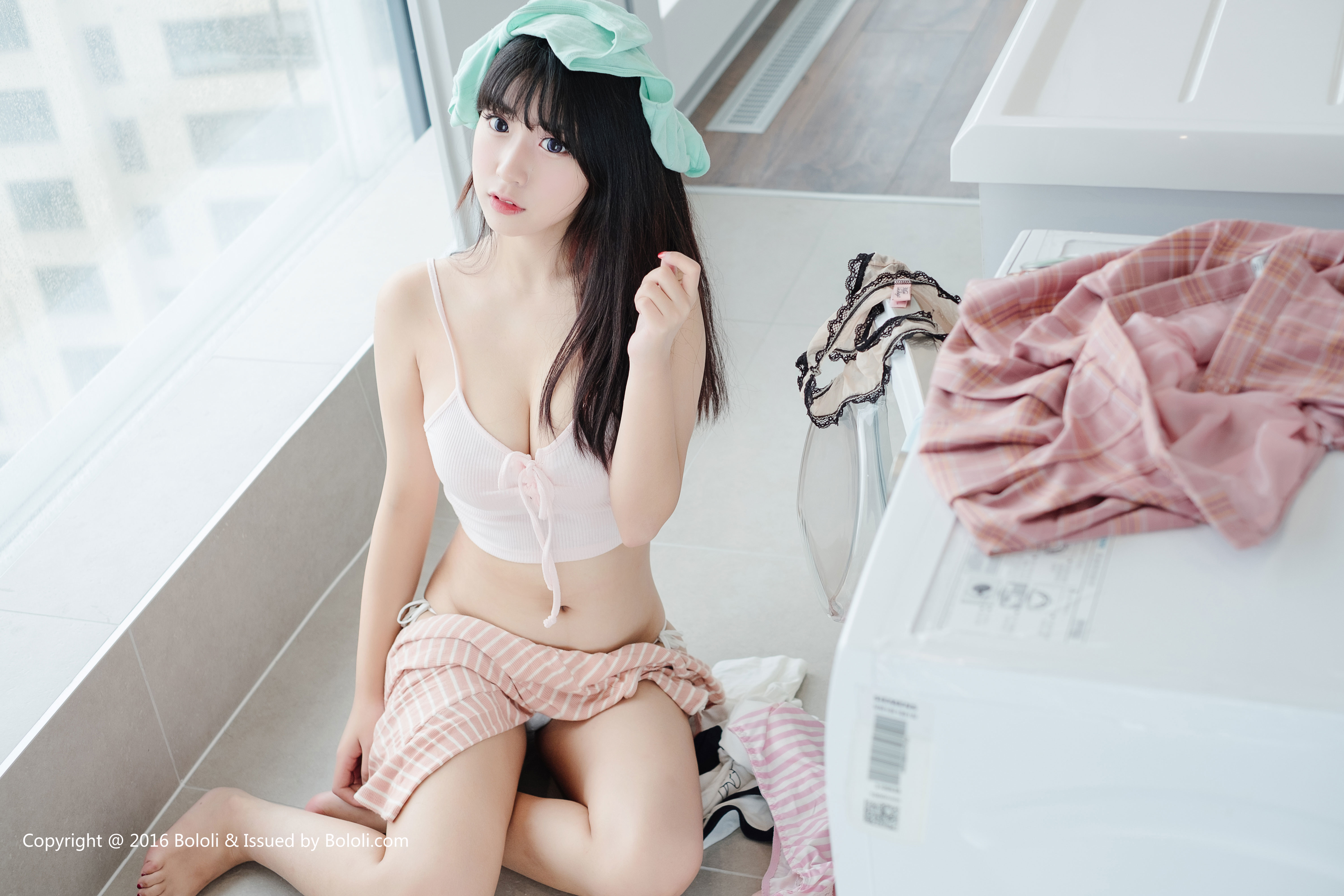 People 6000x4000 Asian Chinese model Bololi sakura_maomao9 women indoors cleavage underwear barefoot tank top pale clothes Chinese on the floor legs belly belly button black hair long hair lace looking at viewer women