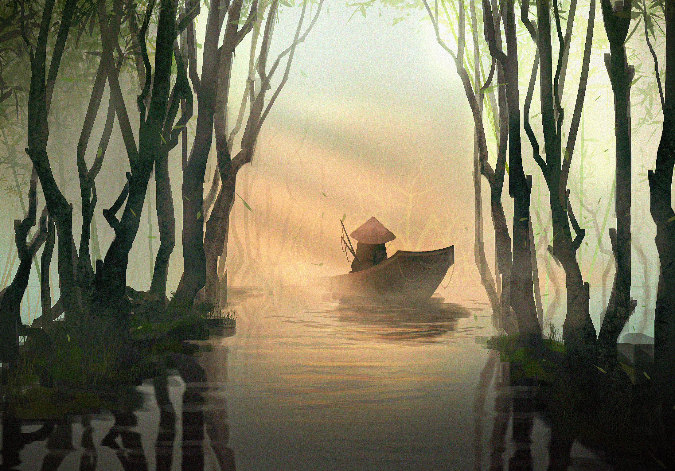 General 2198x1534 fantasy art forest fisherman sunrise water RuefulRaptor artwork Asia digital art