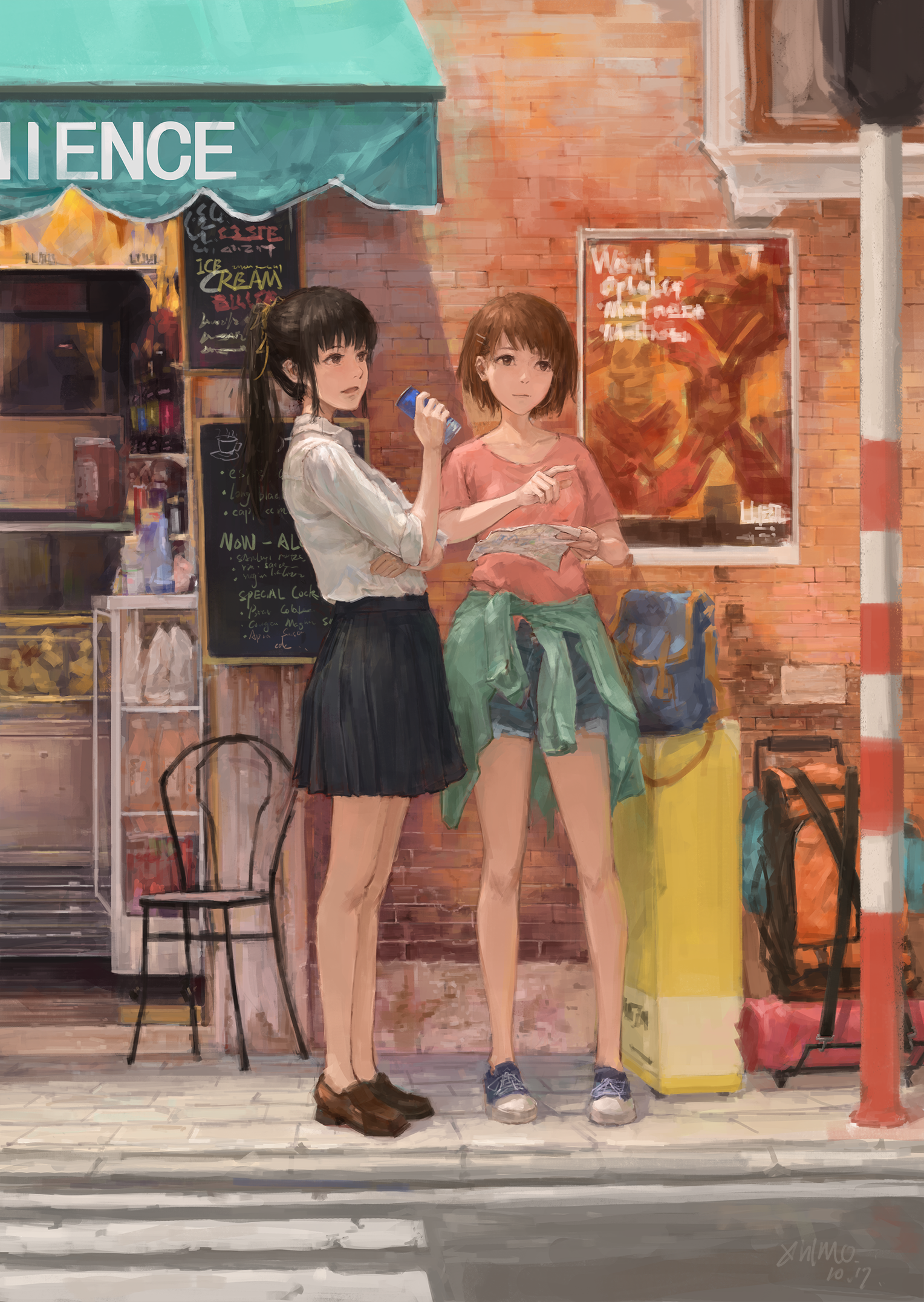 Anime 1528x2152 XilmO anime girls anime chair women two women street urban women outdoors outdoors standing