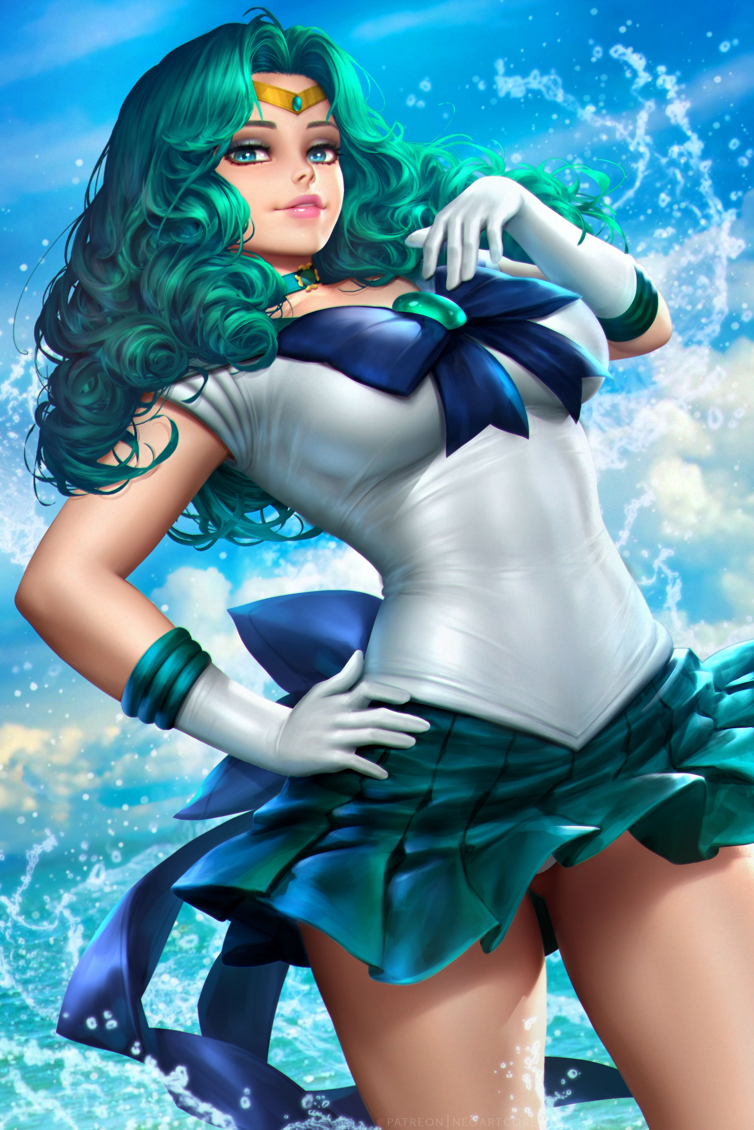 Anime 2400x3597 Sailor Neptune Sailor Moon anime anime girls turquoise hair turquoise eyes looking at viewer parted lips tiaras choker portrait display sailor uniform upskirt gloves splashes water clouds sky artwork drawing digital art illustration fan art NeoArtCorE (artist)